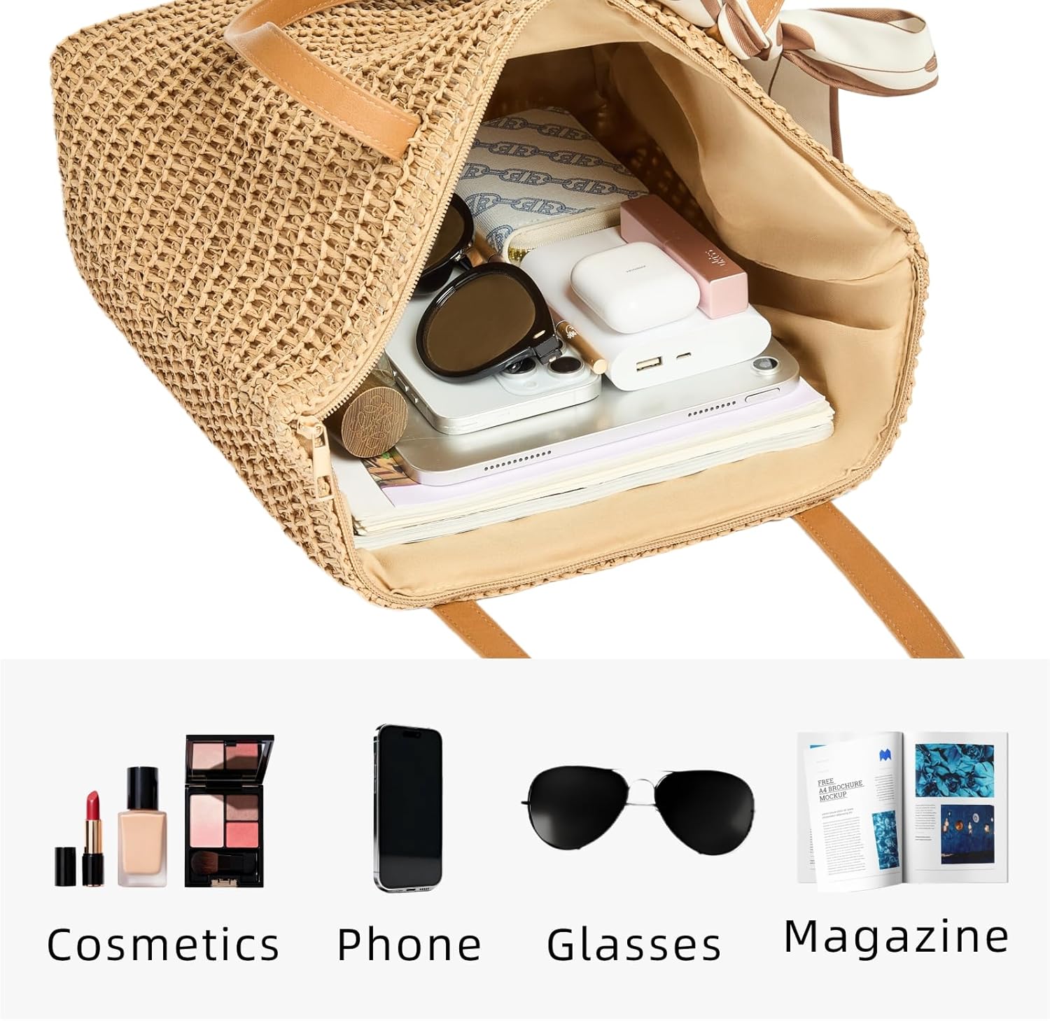 Beach Bags for Women, Large Straw Woven Beach Tote Straw Bag, Shoulder Handbags Bag for Summer Holiday - Image 5
