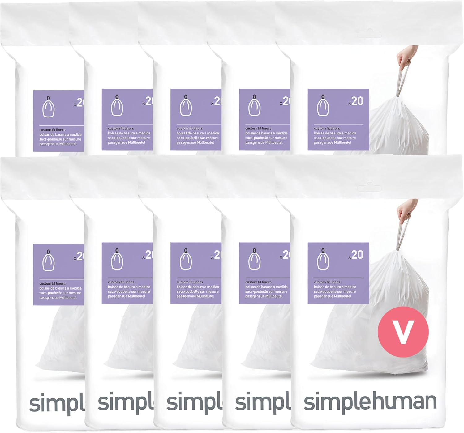 simplehuman Code V 200 Count, Dispenser Pack Custom Fit Liners, Drawstring Trash Bags, 16-18 Liter / 4.2-4.8 Gallon, White
