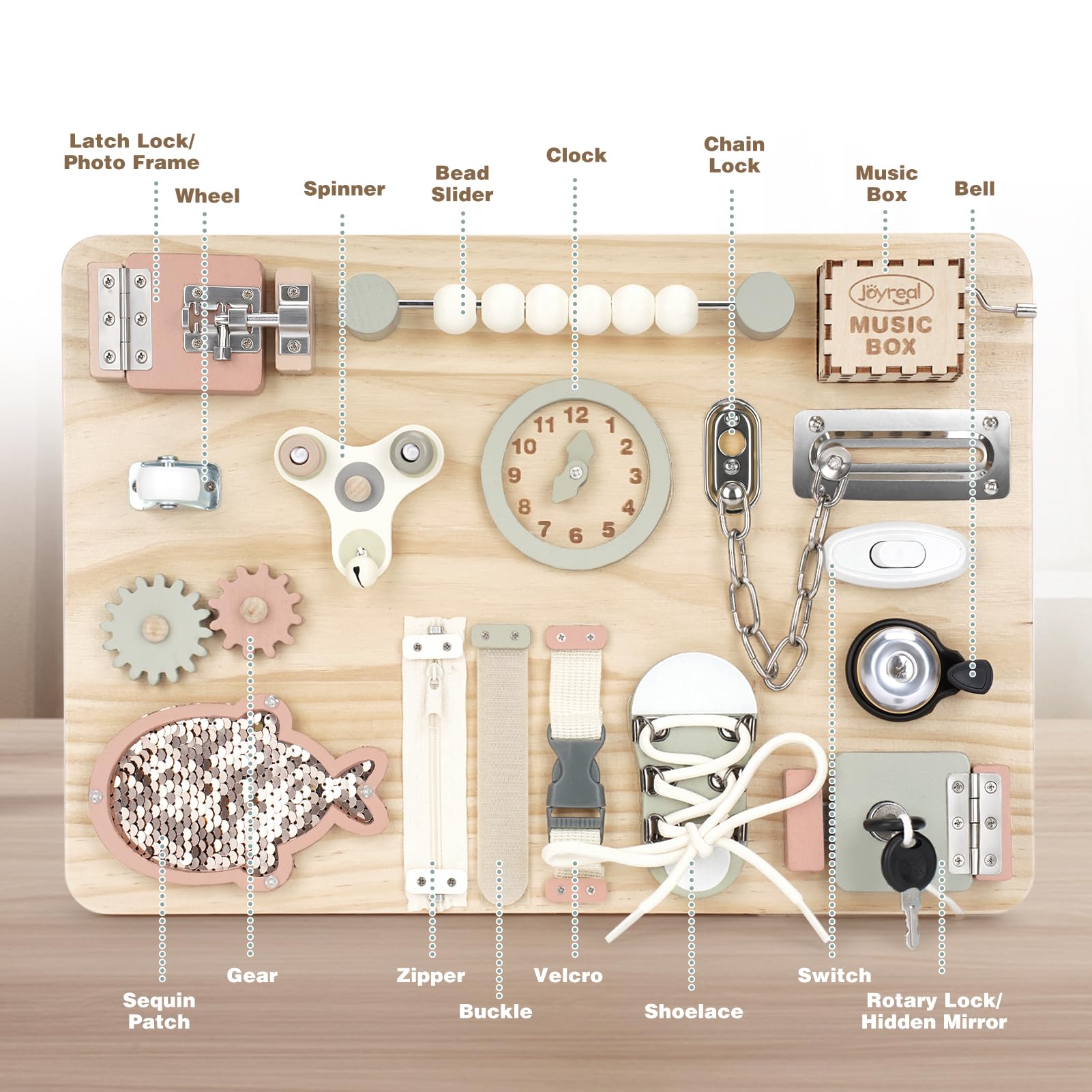 Joyreal Grande Busy Board - Pannello Sensoriale Bambini Montessori Legno Tavola Sensoriale Giochi Montessori con Carillon Specchio Neonati Giochi Educativi Regalo