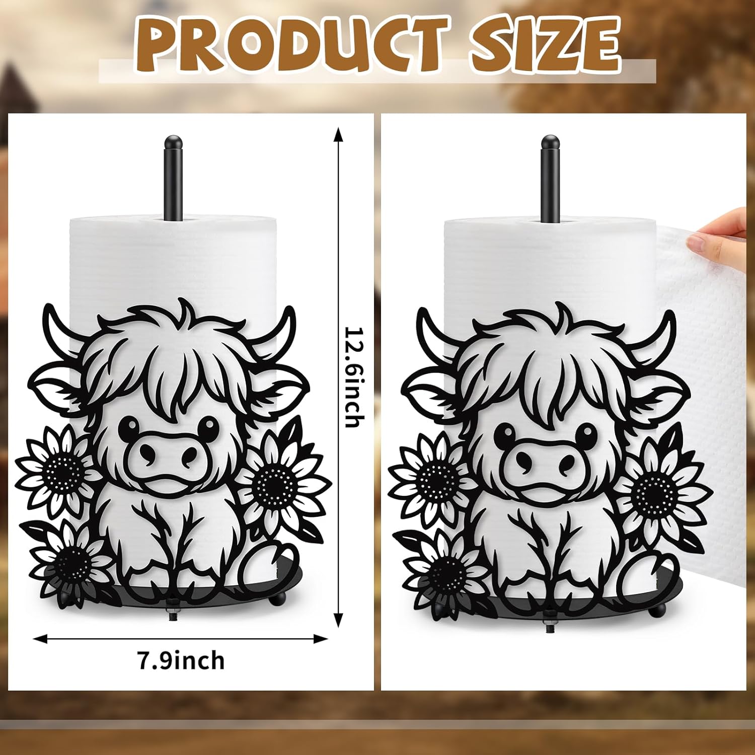 Honeydak Highland Cow Paper Towel Holder Cute Metal Black Kitchen Decor Accessories Large Trendy Tissue Towel Holder Stand for Countertop Kitchen Bathroom Home