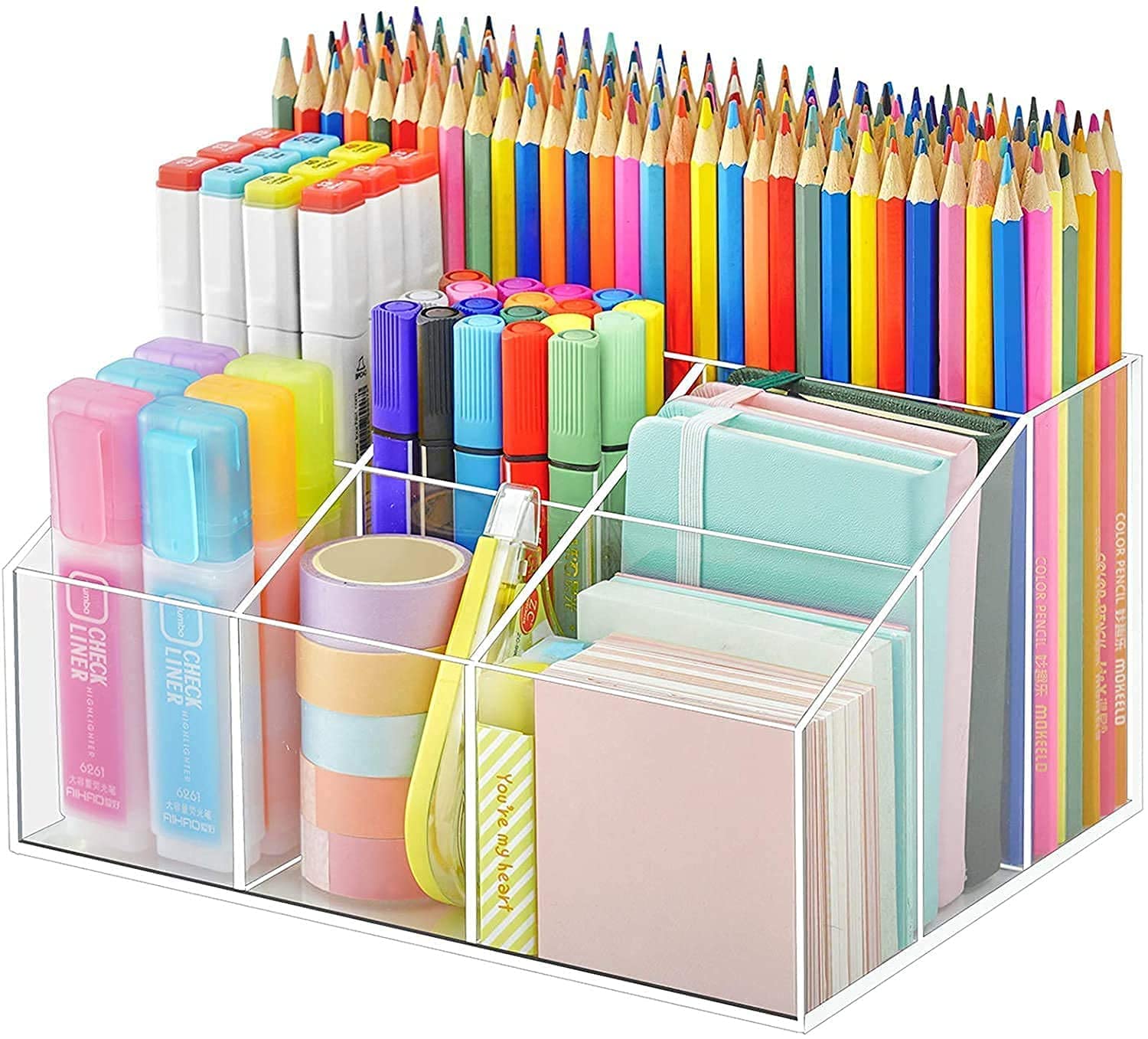 INDIAN DECOR 999710 Acrylic Pen Holder, Clear Desk Organizer, 7 Compartments Desk Pencil Holder, Desktop Stationery Organizer For Office Storage/School/Home/Art Supplies - Desk Organizer