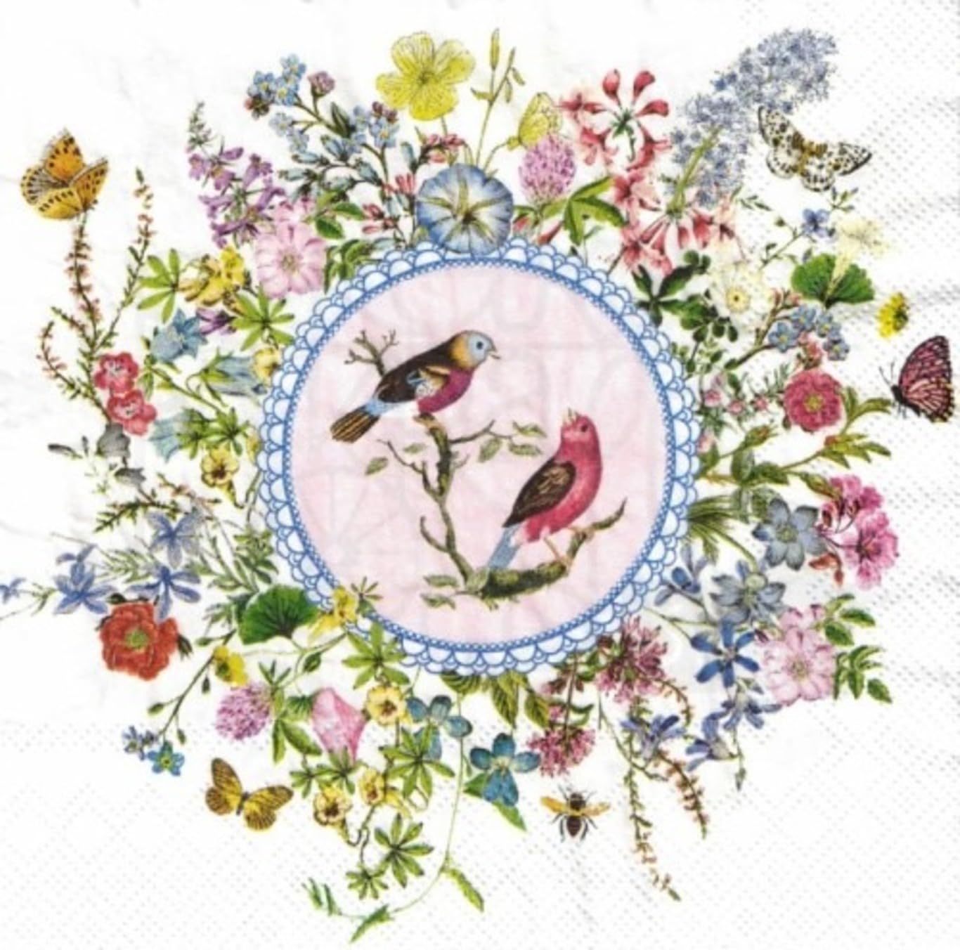 Set of 2 Individual Decoupage Paper Party Napkin Medallion Flowers Birds Watercolor Decor Luncheon Napkins for a Birthday Holiday, Wedding, Cocktail Party