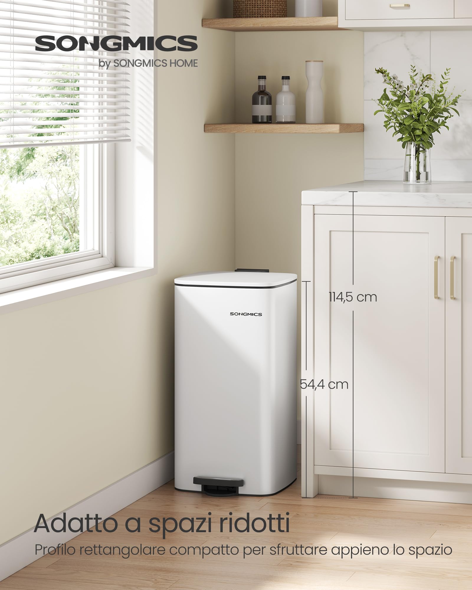 SONGMICS Pattumiera da Cucina, Cestino da 30 L, Cestino a Pedale in Acciaio, con Secchio Interno, Chiusura Morbida e Resta Aperto, Bianco Nuvola LTB593W02