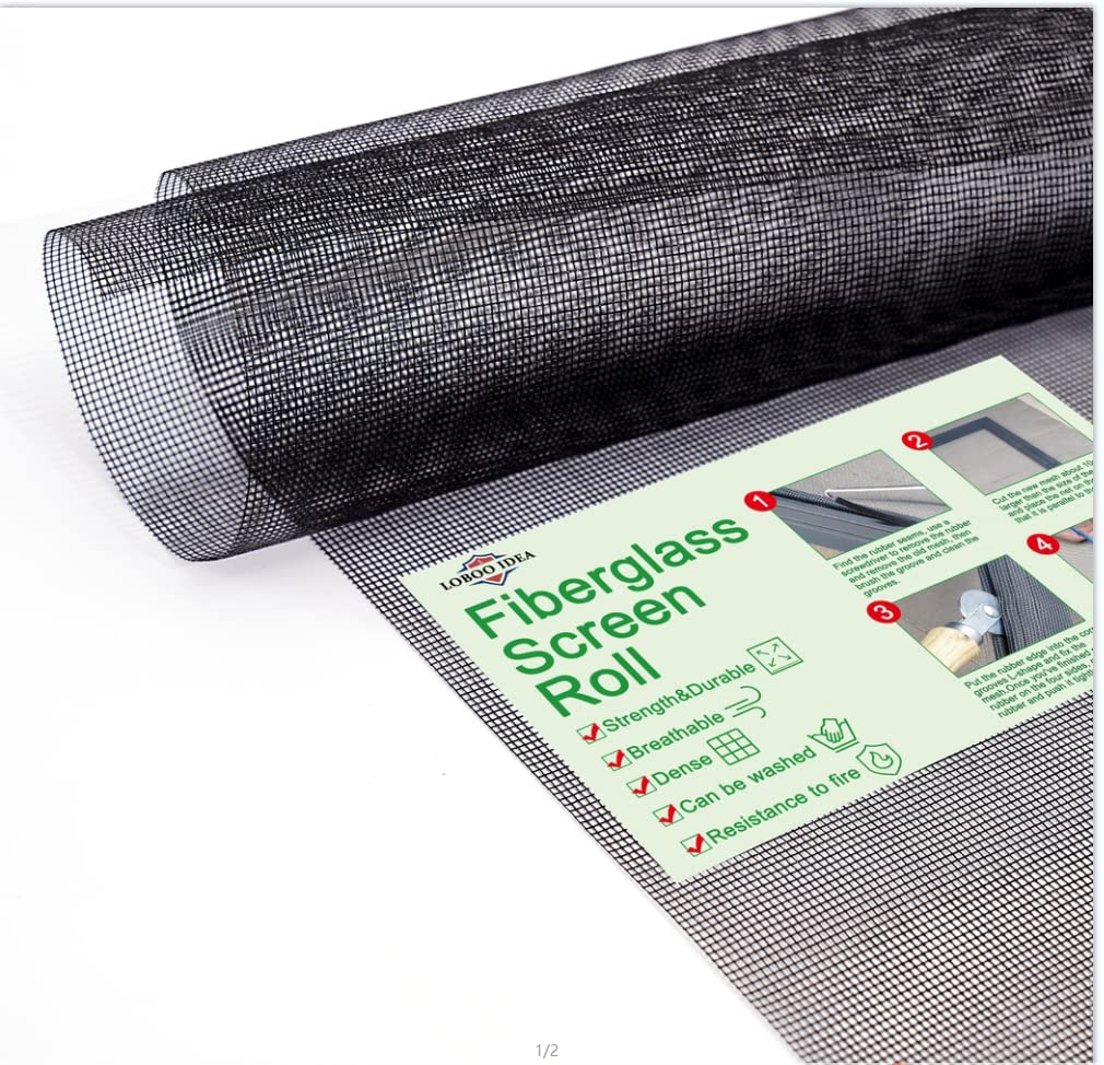 Window Screen Mesh, Loboo Idea Fiberglass Screen Replacement Mesh Black, Warehouse Fiberglass Window and Door Screen Mesh for Patio and Windows (Black, 47 Inch x 50ft Roll of Screen)