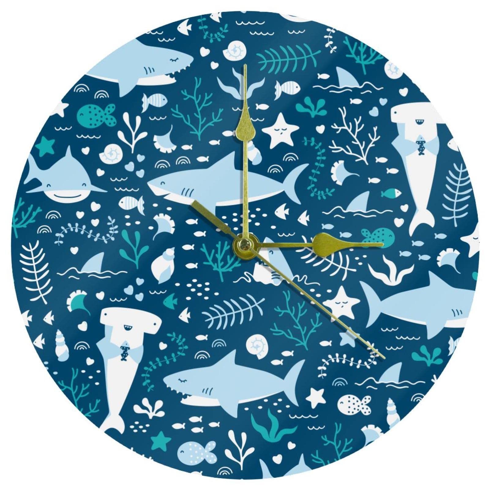 Horloge murale sans tic-tac requins bleus ronde en acrylique pour éliminer les bruits