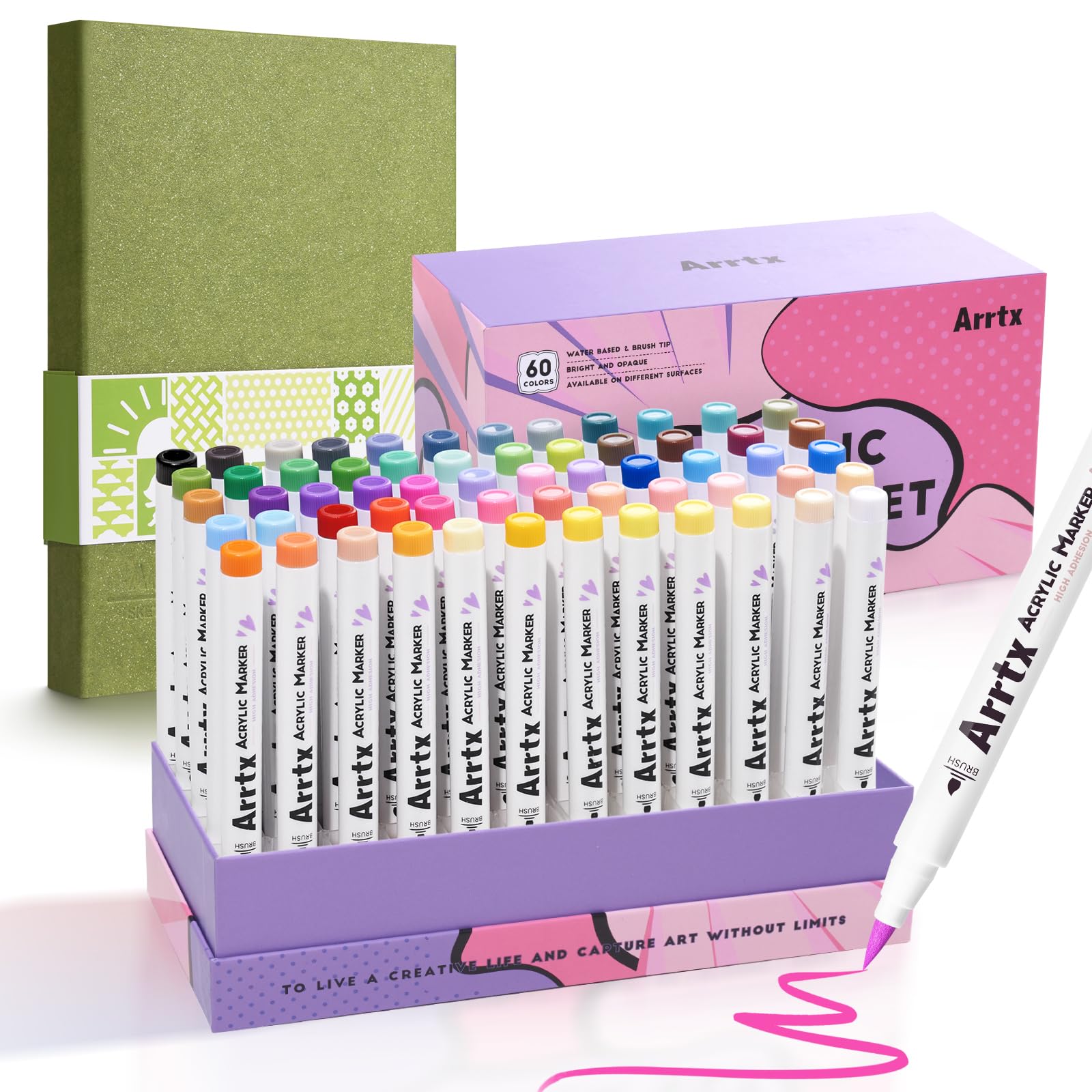 Arrtx Rotuladores acrílicos de punta de pincel + cuaderno de bocetos A5 (60 hojas/120 páginas, 180 g/m²), 60 colores punta de pincel, lápices acrílicos, lápices de colores acrílicos y papel de dibujo