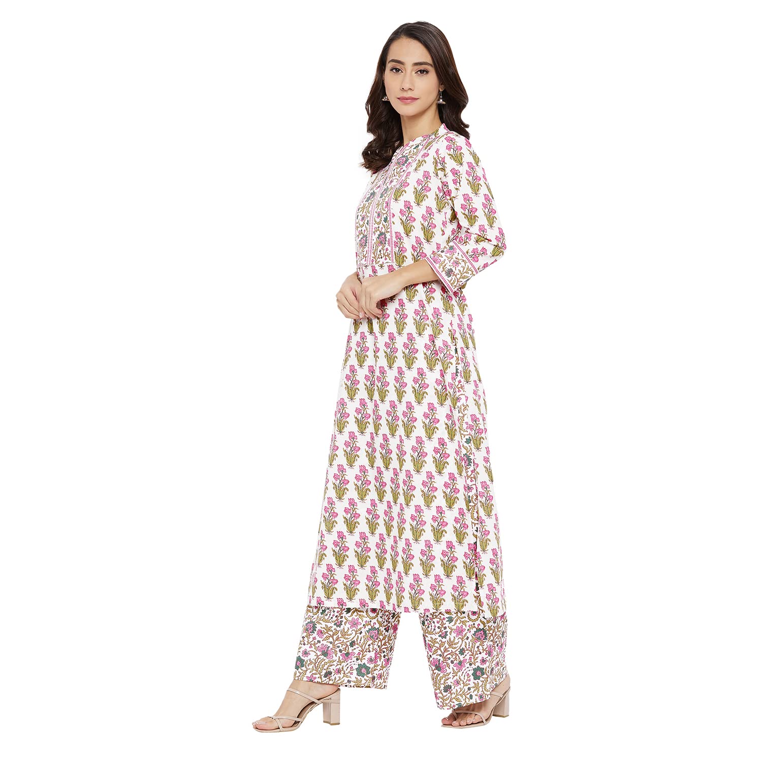 Tissu Women's Cotton Cream Floral Printed Kurta With Palazzo (Tis-604_Cream_M)