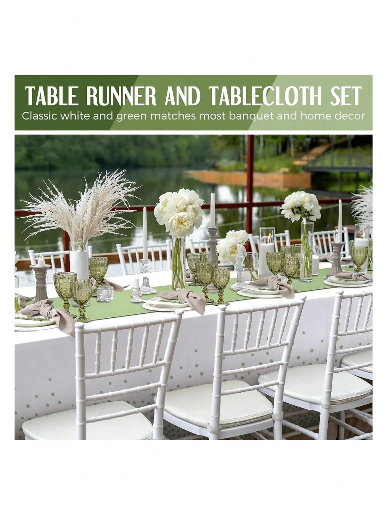 Juego de Camino Mesa con Mantel Lunares Blanco y Gris Verdoso, Ideal for Bodas