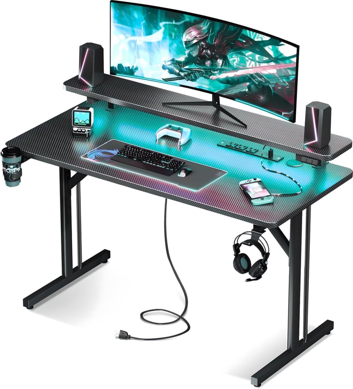 Five Stars® Escritorio Juego - 100x50x75 cm - Escritorio de juegos con luces LED - Carbono Negro - Gaming Desk - Mesa de Ordenador - RGB Iluminación LED