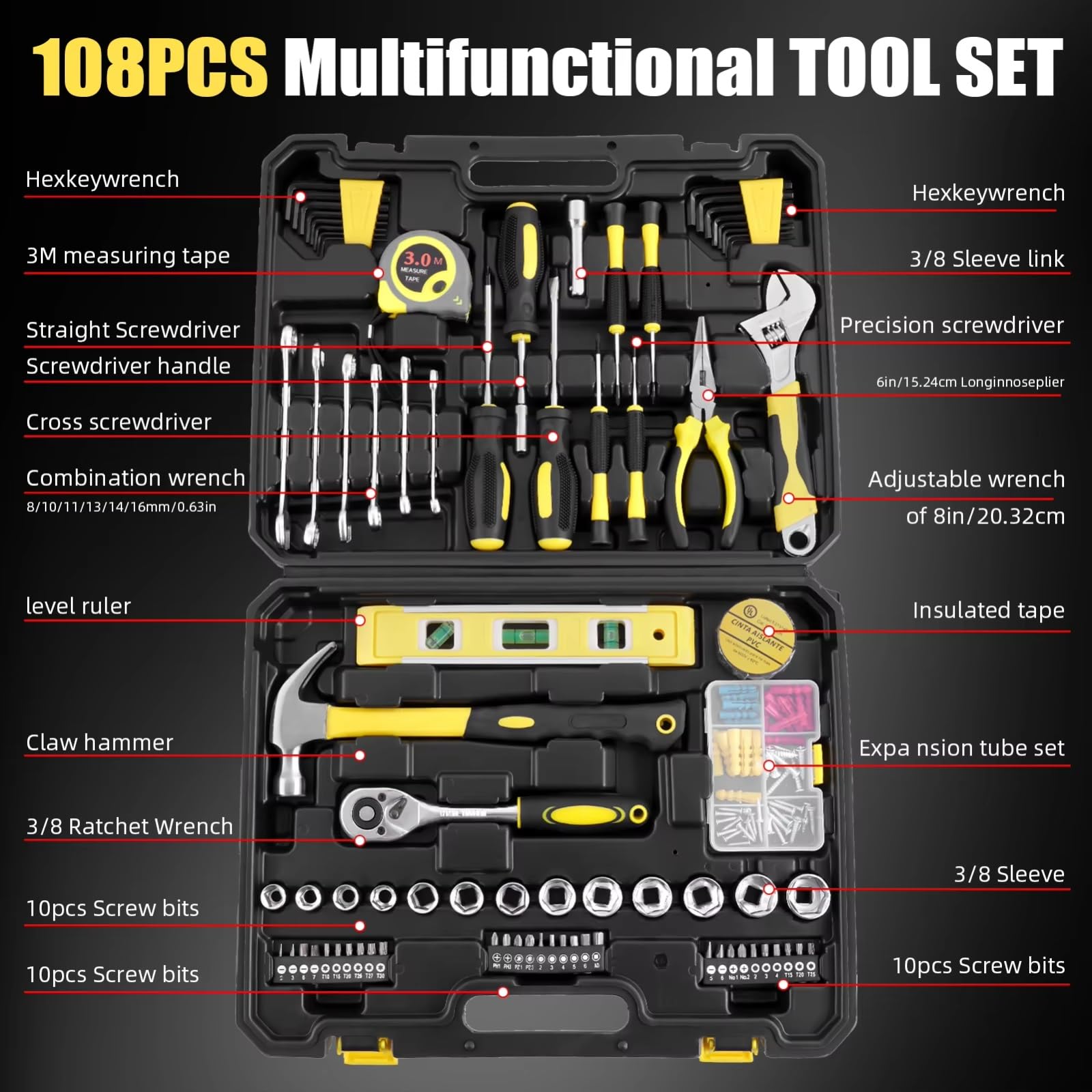 Set attrezzi da officina 108 Pz/set Set Multi-strumento Set Di Punte Per Cacciavite A Esagono Incassato Pinze Ad Ago Pinze A Punta Per Martello Da Carpentiere