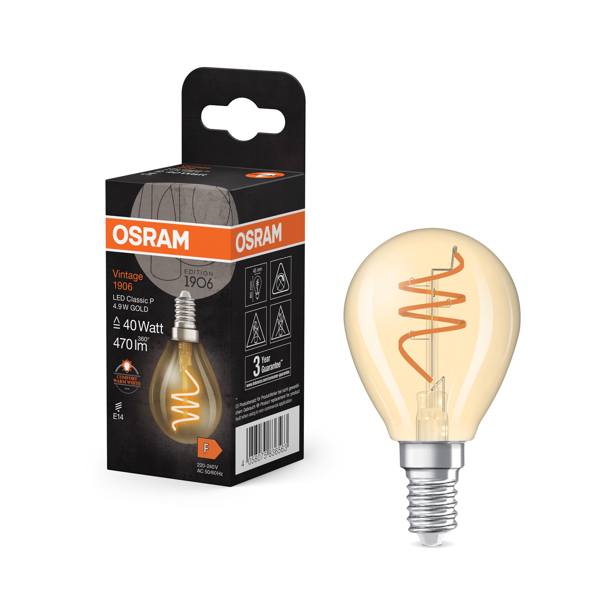 Osram Vintage 1906 Classic ist eine warmweiße LED-Lampe mit spiralförmigem Filament in klassischer Miniballform. Sie bietet 4.9 W, 470 lm, E14 Fassung, goldfarbenes Glas, 45 mm Durchmesser, 2200 K.