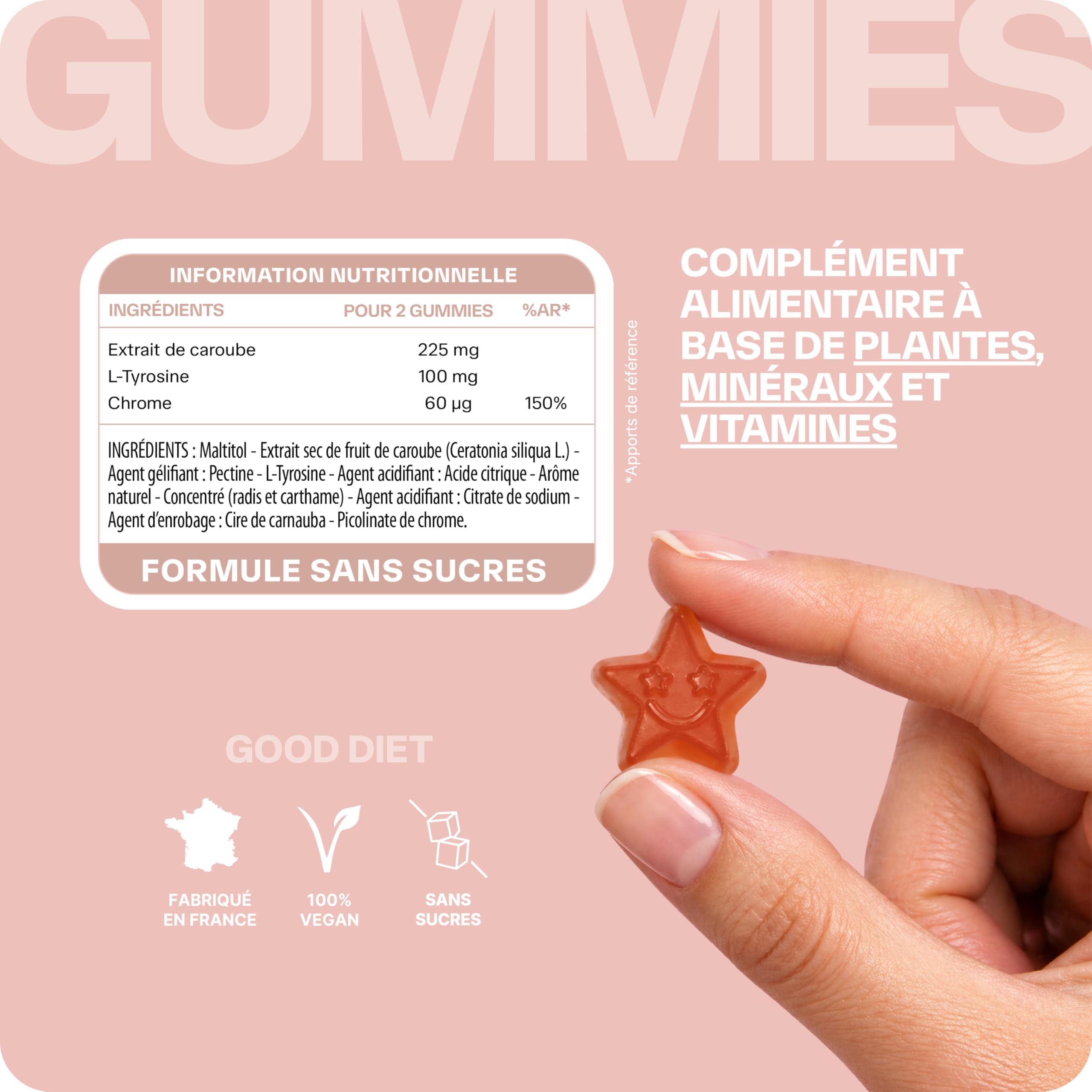 Lashilé Beauty - Gummies Coupe Faim - Coupe-Faim Puissant & Contrôle de l’Appétit - Good Diet - Complément alimentaire Minceur - Caroube Chrome L-Tyrosine - Cure 1 Mois 60 Gummies