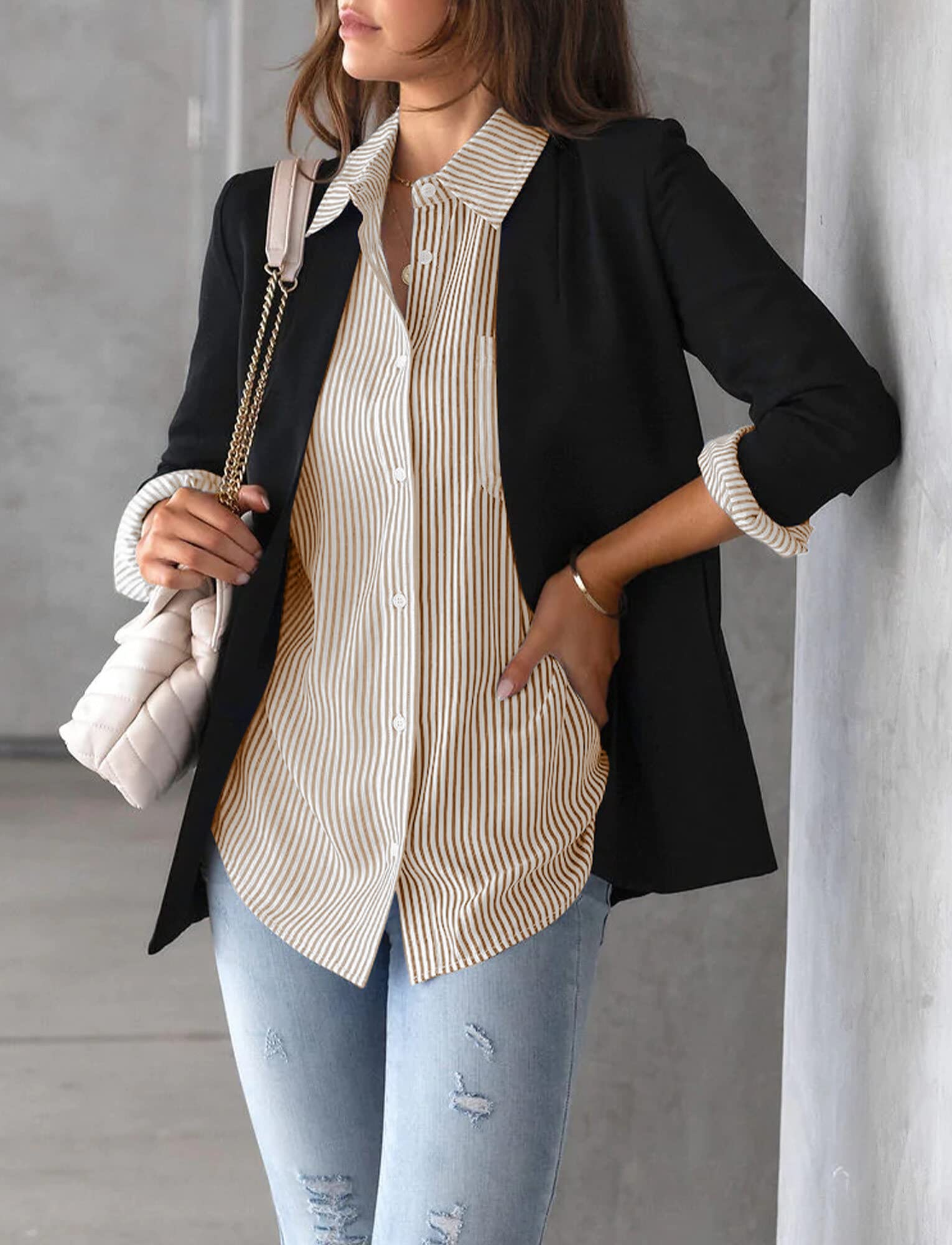 Panegy Hauts rayés pour femme - Manches longues - Élégant col en V - Chemises boutonnées - Tunique élégante - Pour le bureau et le travail - En coton - Décontracté - Basique