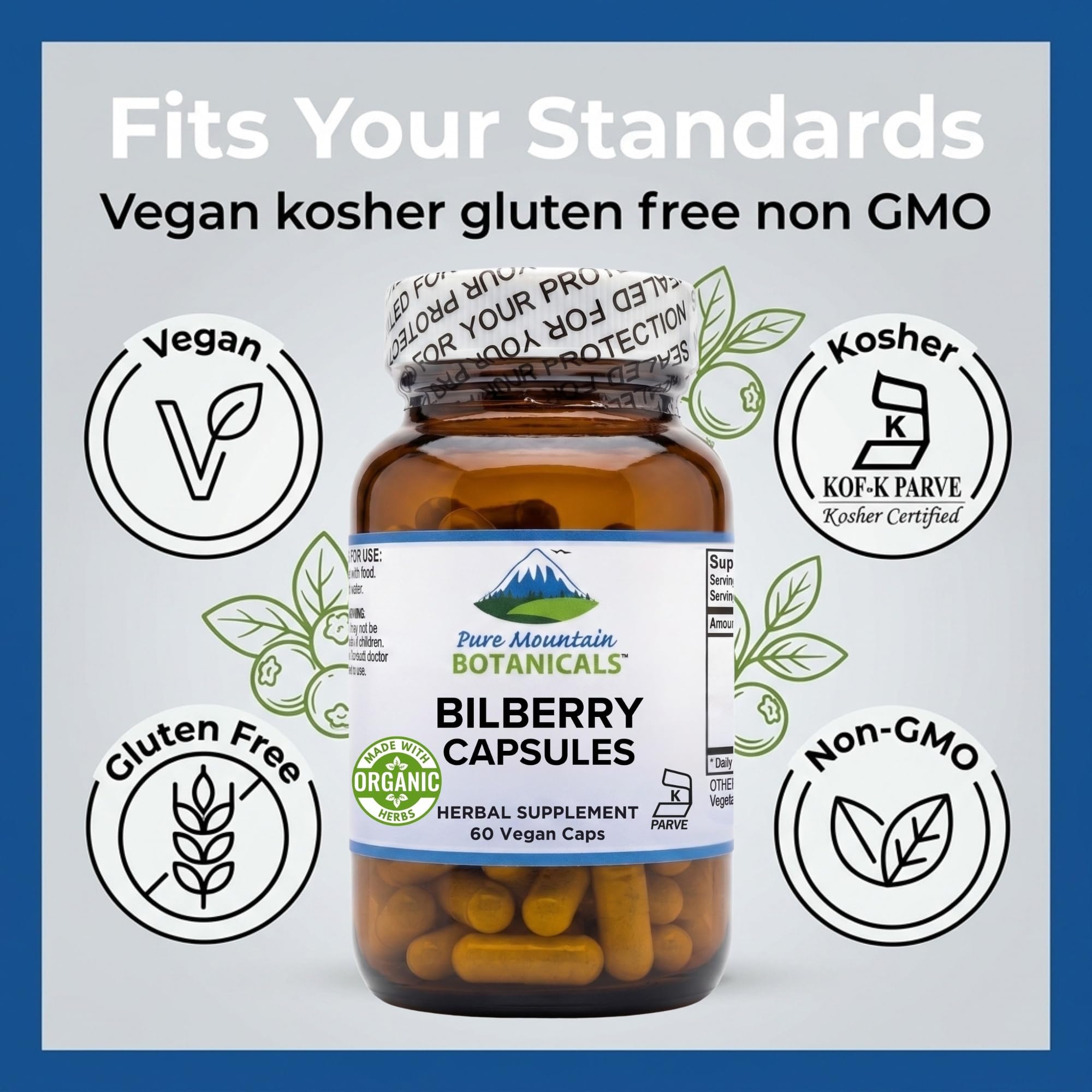 Pure Mountain Botanicals Bilberry Extract Supplement - 60 Vegan Kosher Capsules - 250mg Organic Bilberry Leaf and 50mg Extract with 25% Anthocyanidins - Eye Health Support — Amazon image 8