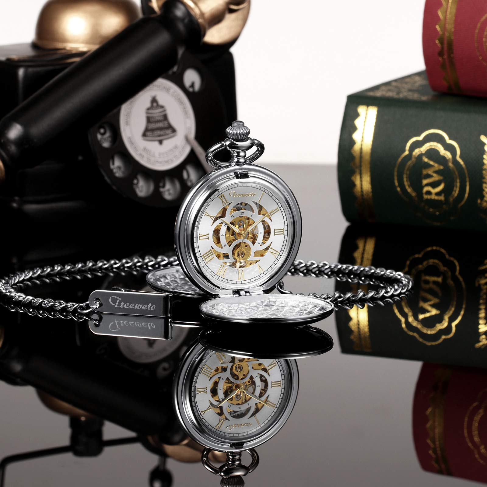 TREEWETO Taschenuhr Unisex Taschenuhr mit Kette Analog Mechanisch Handaufzug Doppelscharnier Antik Römische