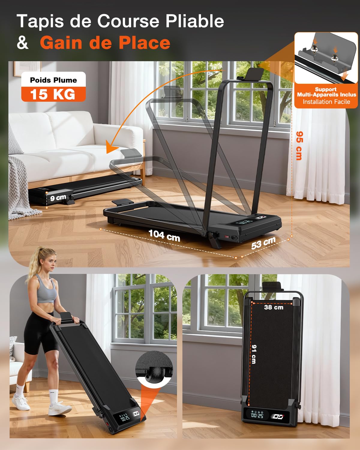 Tapis de Course Pliable 4 en 1 avec Pente 9%, Tapis de Marche Électrique 1-10 km/h, Moteur sans Balais Silencieux 3,0 CV, Walking Pad, Charge Max. 140 kg, Écran LED, Télécommande, Amorti Antichoc