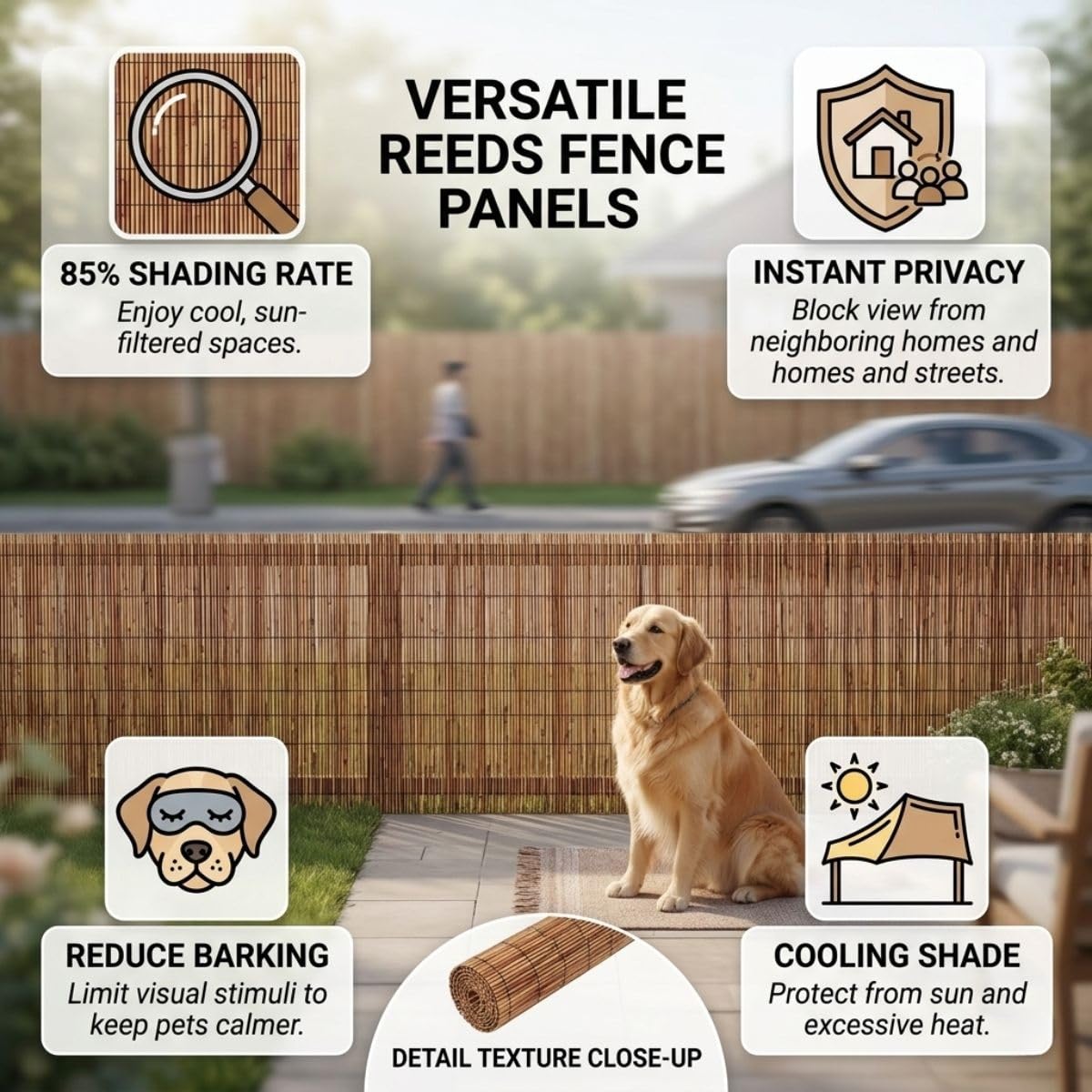 Arella in Bambù Naturale Privacy 100/120/130/150/180 cm Cannette in Canne Canniccio con Fascette per Esterno Rilegate Giardino Terrazza Balcone Piscina Gazebo Stuoia Ombreggiante(Bianco,H80xL150cm)