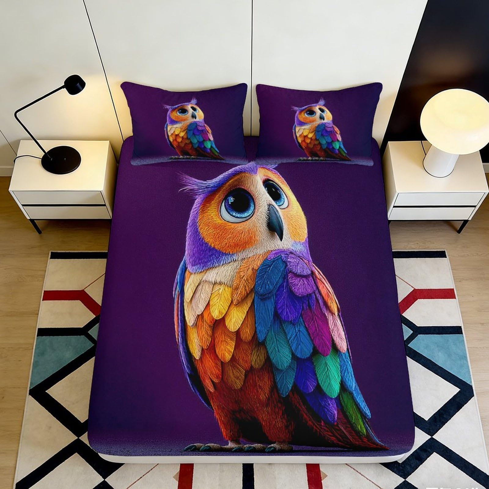 Jqzkxnhpbr Style-8 3D Printed Colorful Owl Fitted Sheet Microfiber Soft Mattress Cover For Bedroom Dorm Unique Bed Decor 90X200x25cm