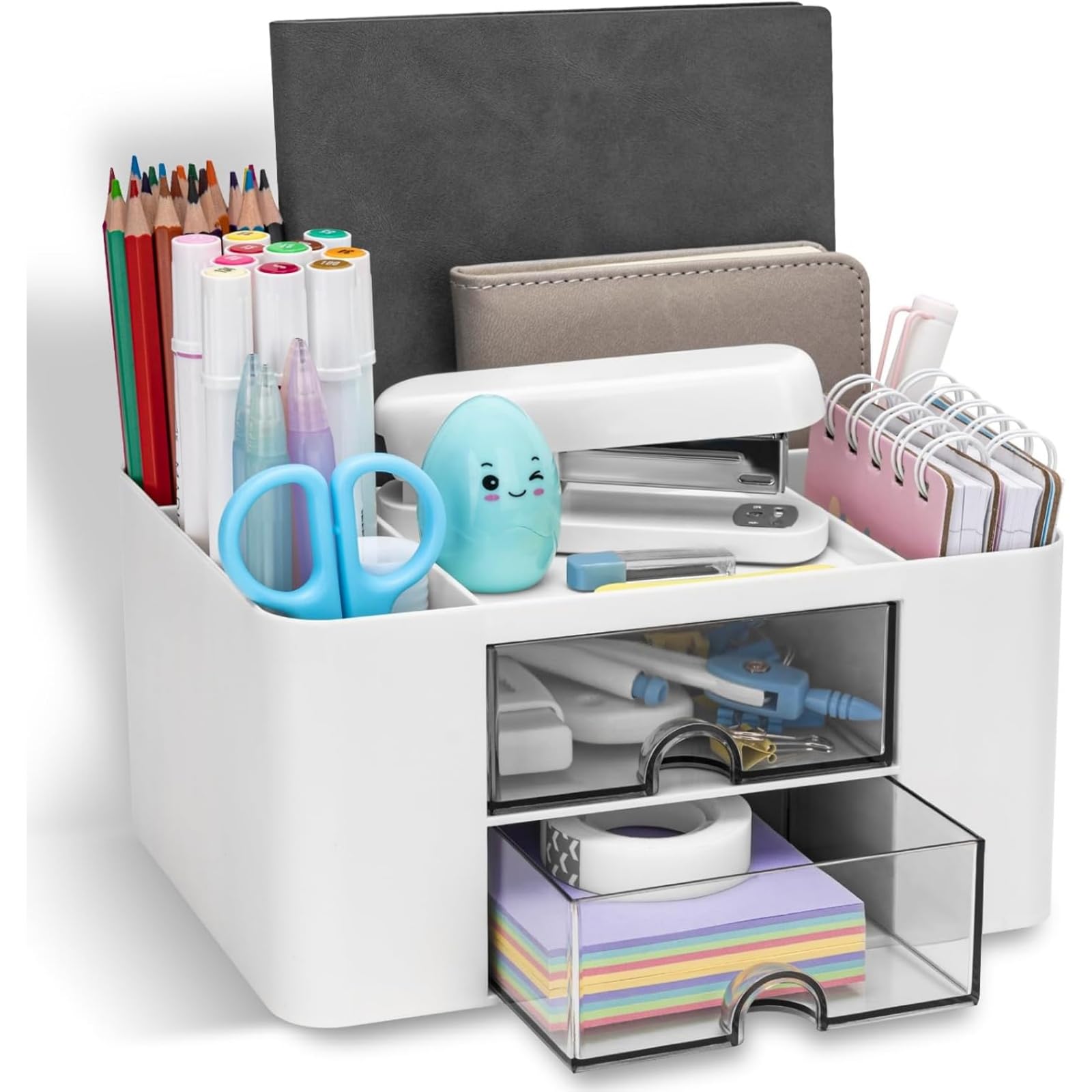 Desk Organiser with 2 Drawers,Desk Tidy Organiser with Pen Holder,Large Capacity Stationary Organiser,office Essentials for School/Office/Home/Makeup/Desk Supplies (White)