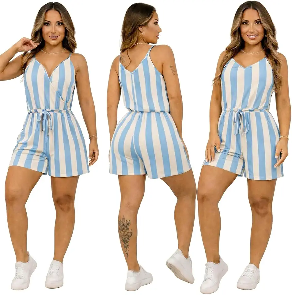 Macaquinho Feminino Moda Praia Shortinho | Casual Verão | 2 Modelos Gola V e Gola Fechada | Confortável e Leve