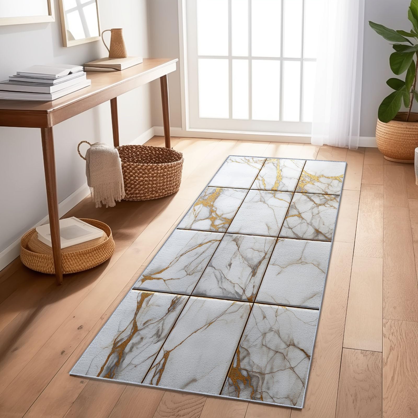 Tapis de couloir antidérapant et lavable en machine style marbre