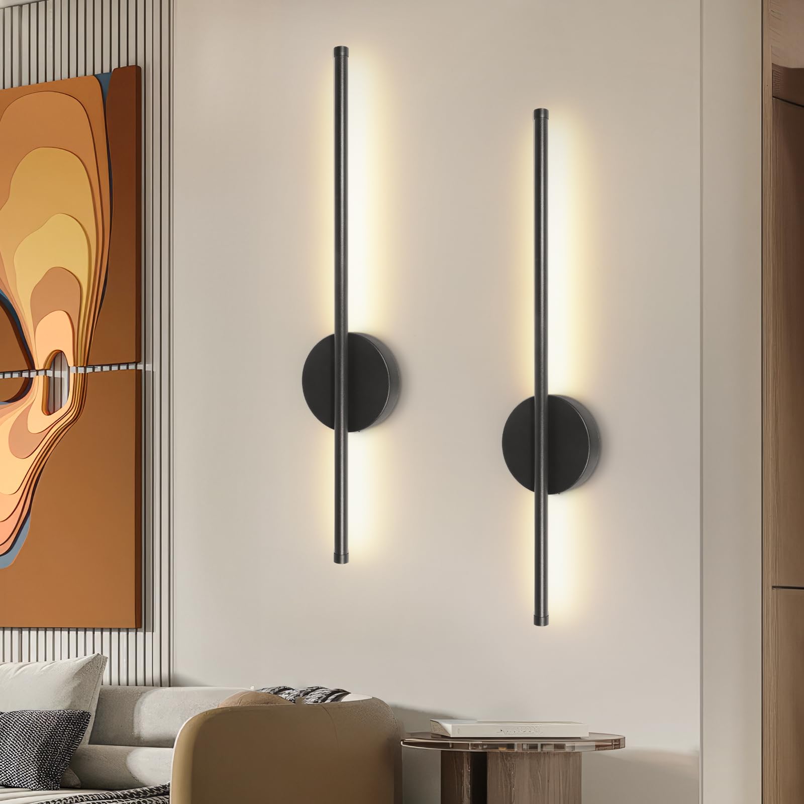 Dehobo Draadloze wandlamp voor binnen, met schakelaar en afstandsbediening, draadloos, zwart, 40 cm, dimbaar, 3 kleurtemperaturen, voor woonkamer, trapverlichting, twee verpakkingen