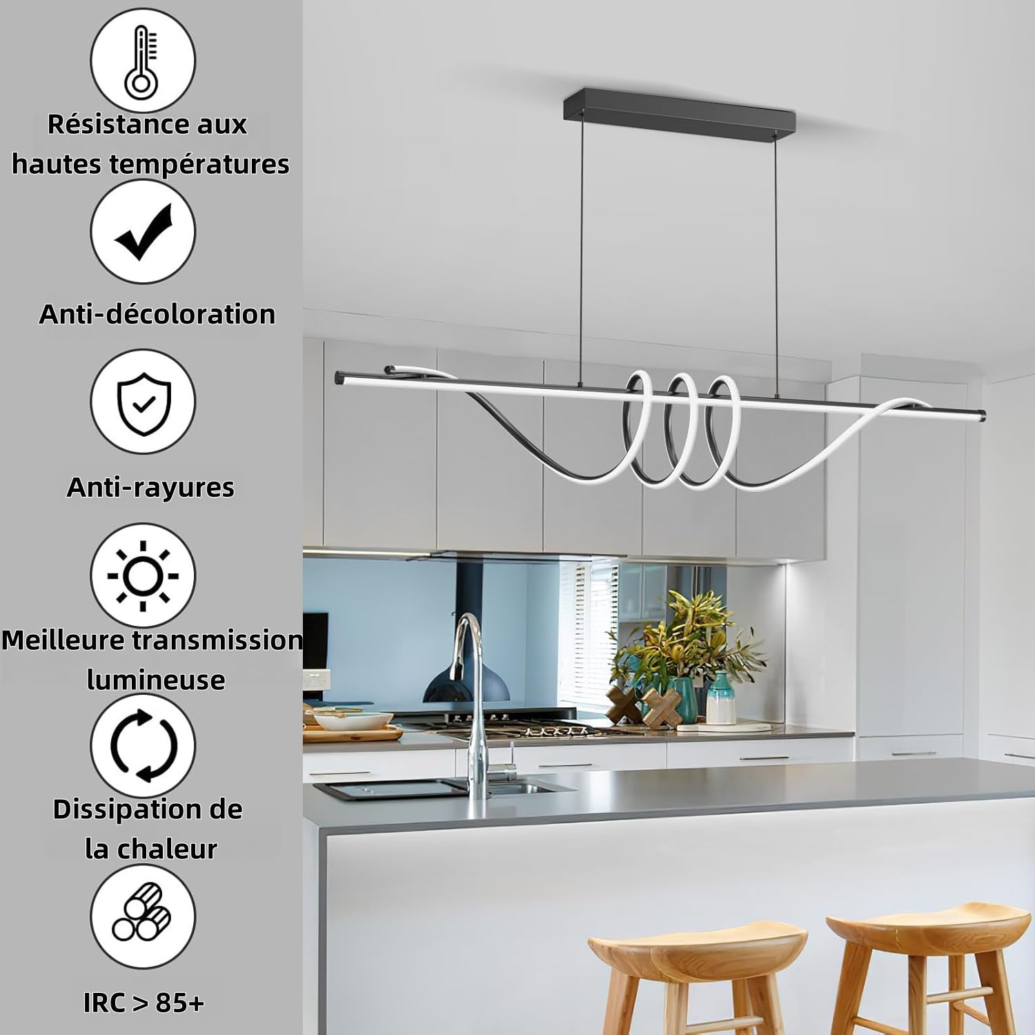 Suspension Luminaire Cuisine LED Moderne, 3000K/4000K/6000K 10%–100% Température de Couleur Lustre, Dimmbar avec Télécommande Chandelier pour Cuisine, Salon, Salle à manger, Chambre à Coucher 150CM