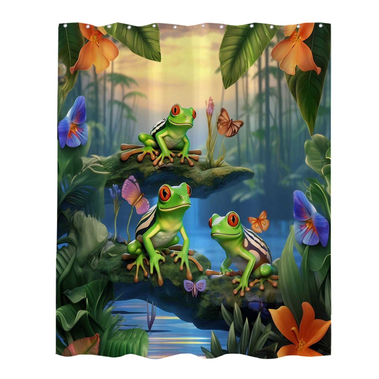 Winteriew Tropical Forest Tree Frog Shower Curtain Animals Palm Leaves Jungle and Flowers Theme Fabric Bathroom Decor Sets with Grommets and Hooks 72H