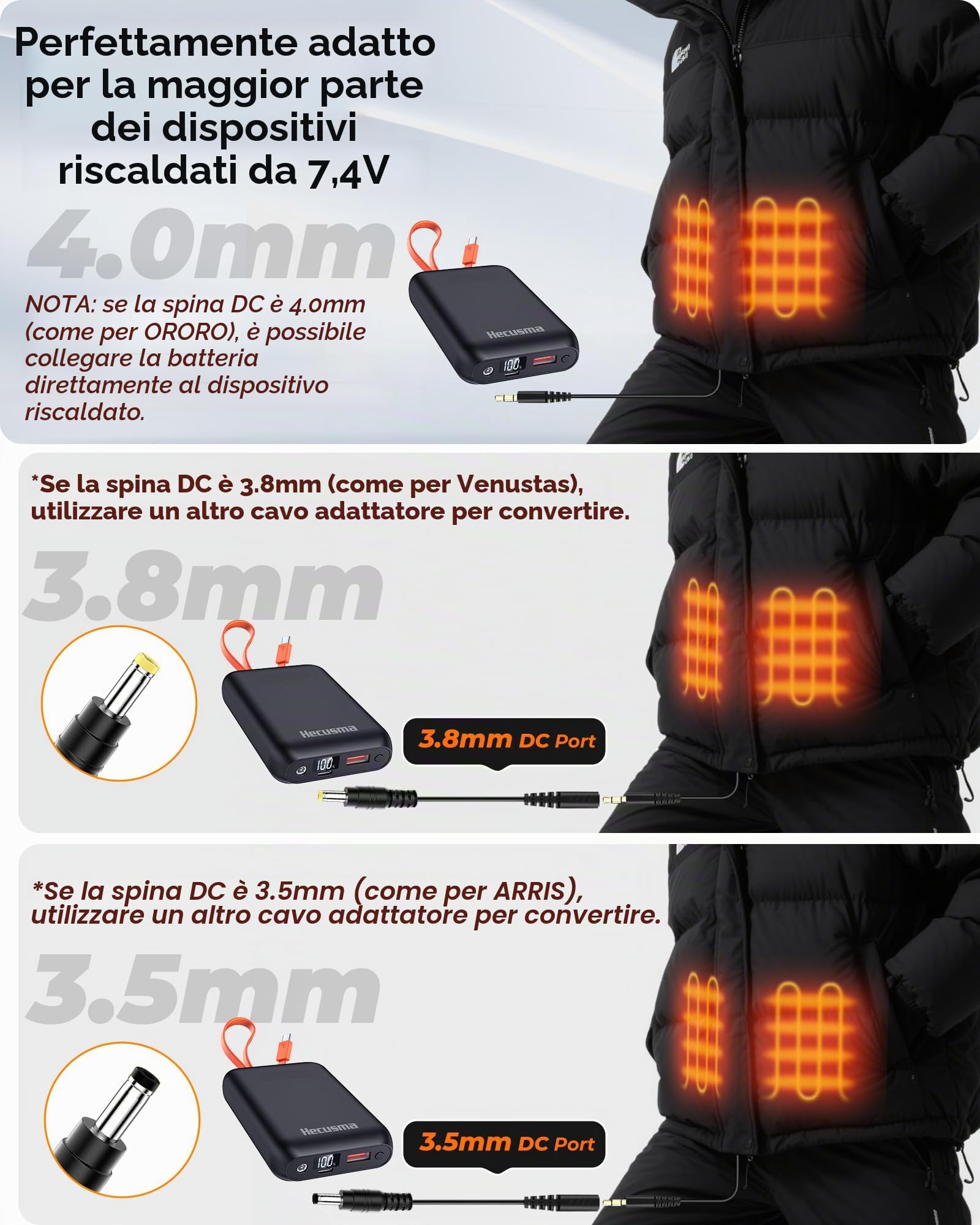 Power Bank per Gilet Riscaldato 7,4V 20.000mAh, Portatile Batteria per Gilet Riscaldato con cavo USB-C integrato, 1 porta USB-C, USB-A e DC, con Display LCD