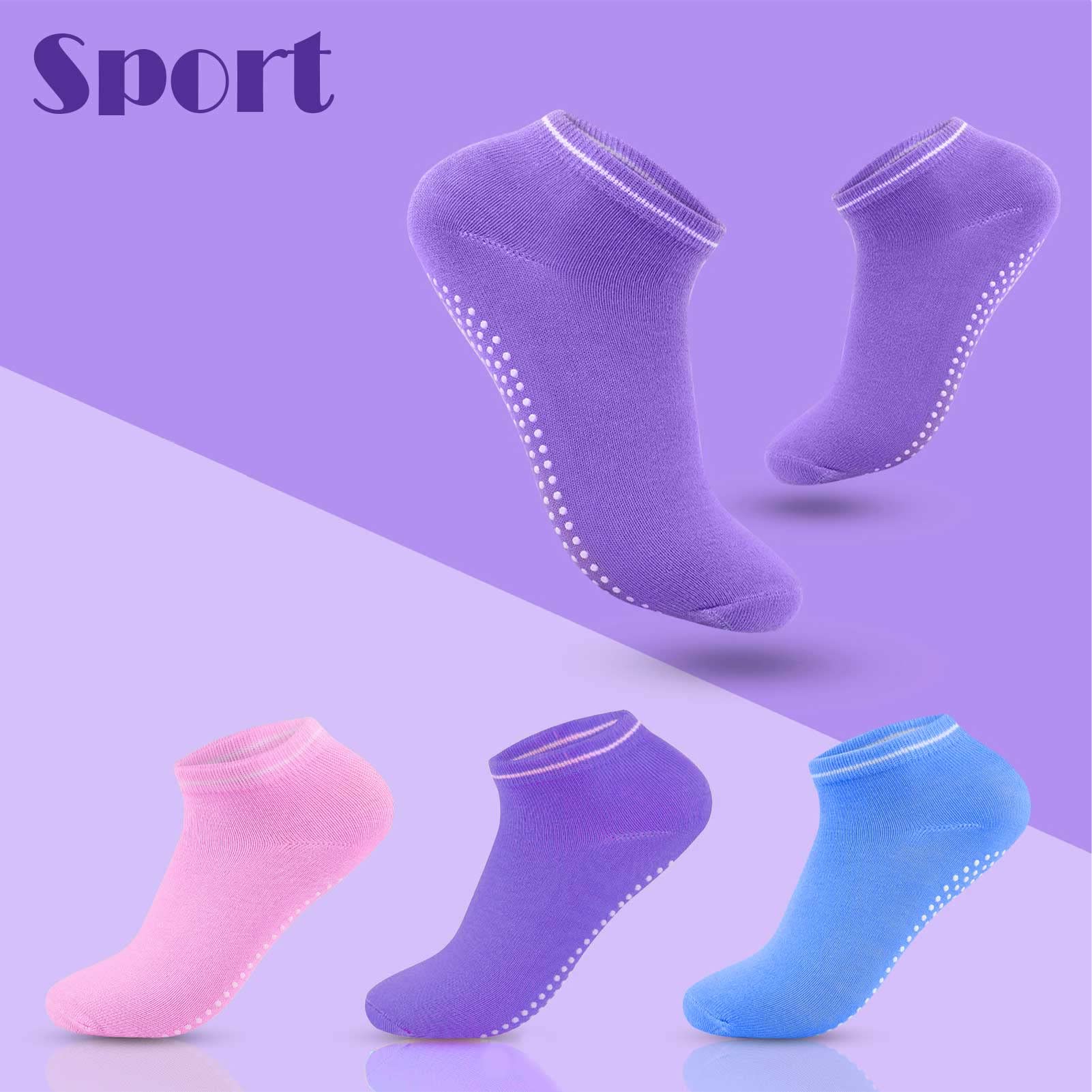 3 Paia Calze Antiscivolo per Donna e Uomo Sport Calze da Sport Yoga Pilates Fitness Arti Ginnastica Cotone Adulti, Antiscivolo, caviglia con puntini in gomma (Viola/Blu/Rosa)