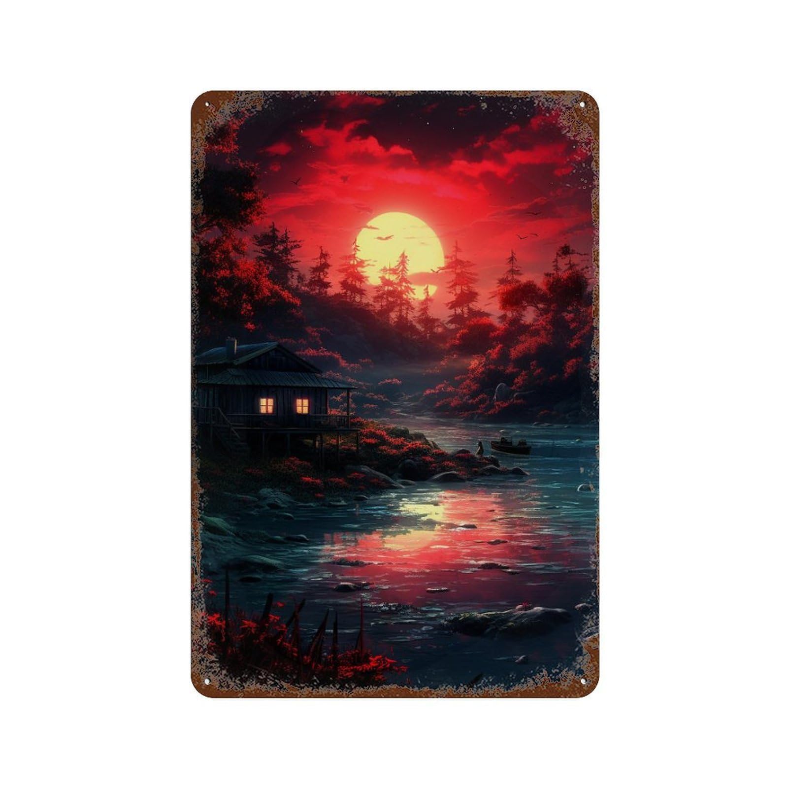 Weathered Tin Sign Serene Sunset Cabin Reflections 11.8"x7.9", Novelty Wall Decor for Basement, Hobby Room And Garage Decor