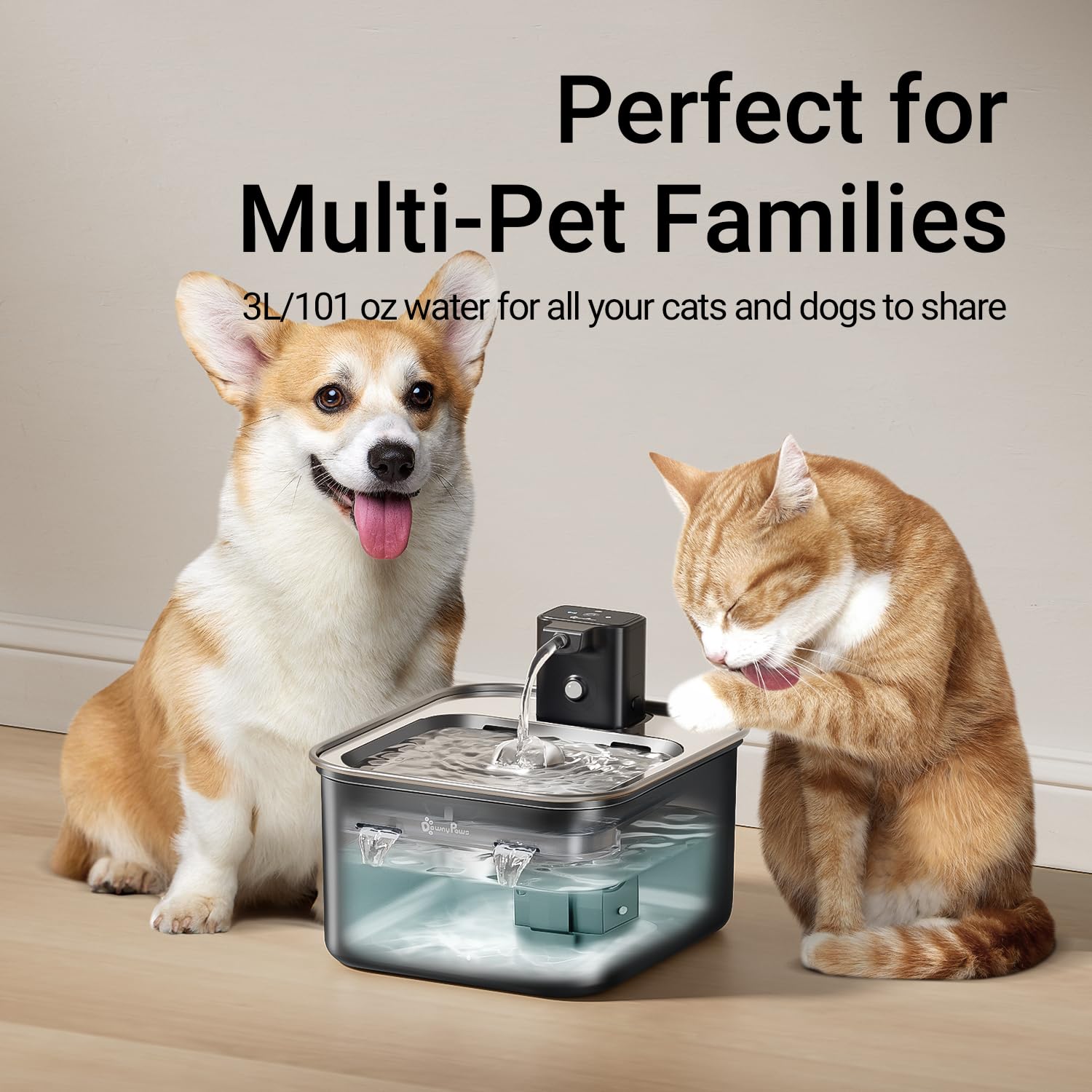 DownyPaws Cat Water Fountain Stainless Steel Wireless, 101 oz/3L FurSink Cordless Water Fountain for Cats, Battery Operated Cat Fountains for Drinking with Motion Sensor, Easy Clean, Black - image 8