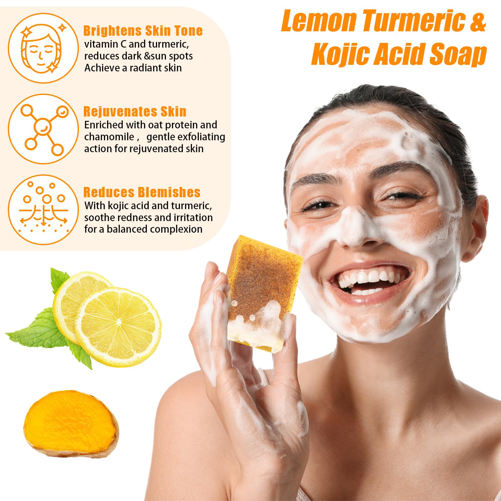 Lemon Turmeric Soap, Kojic Acid, Pure Natural Brightening, Deep Cleaning Smooth Skin - Image 2