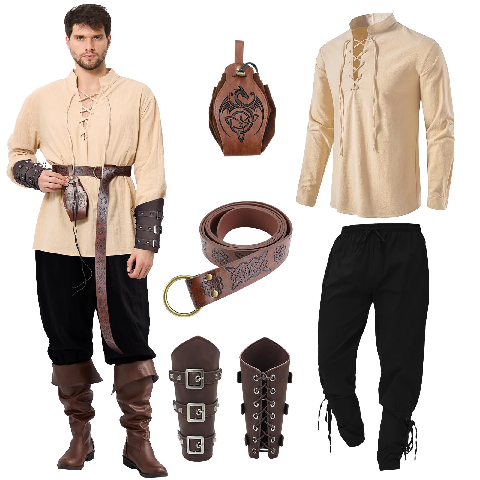 Ulikey Men's Medieval Clothing Set, Renaissance Suit Set with Medieval Pirate Shirt for Men, Medieval Trousers, Belt, Wristbands Accessories