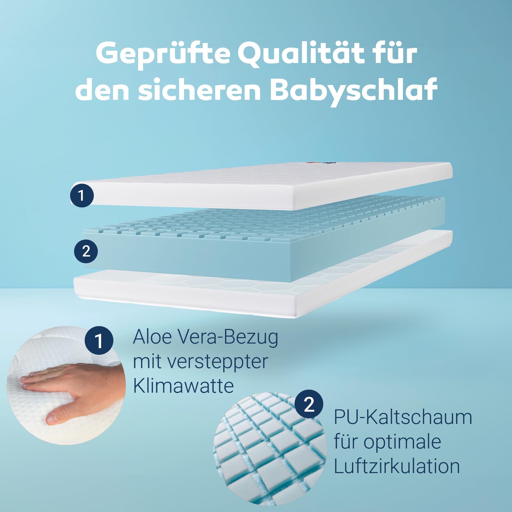 Betten-ABC - Junior Duo - Wendematratze für Babys & Kleinkinder - 60x120 cm - mit Rundum-Trittkante & 2 Seiten - Oeko-TEX-Zertifiziert - Abnehmbarer & waschbarer Aloe Vera-Bezug - Lieferung per Paket
