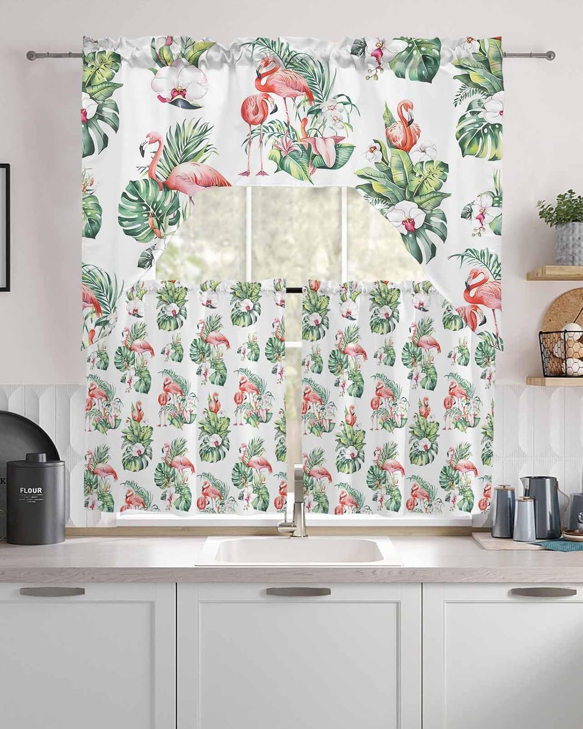 Summer Flamingos 3 Panels Kitchen Curtains Set Tropical Flowers Plants Light Filtering Swag Valance 56" W x 36" L and Tier Curtains Set 27.5" W x 24" L Rod Pocket Panel for Bedroom Bathroom