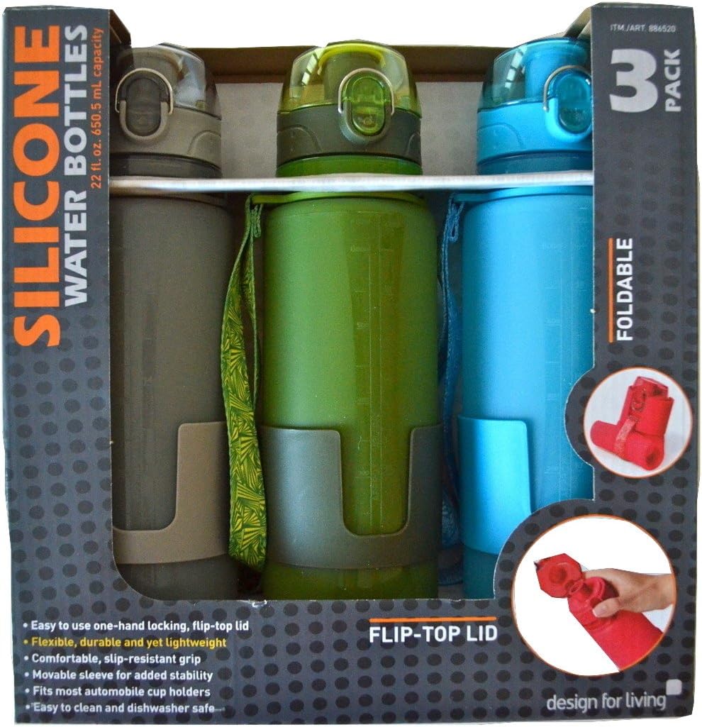 Design for Living Silicone Foldable Water Bottle with Flip-top Lid and Strap - 22 Ounce - Gray, Green & Blue 3-pack
