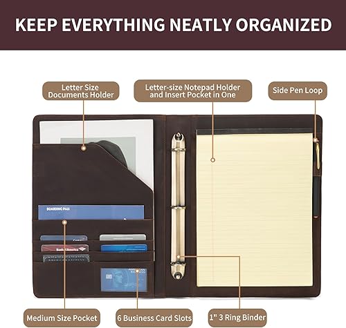 Miniatura 5 de Geslun Cartera de cuero genuino con carpeta de 3 anillas, soporte para bloc de notas A4, soporte para bolígrafo, soporte de cuero profesional,