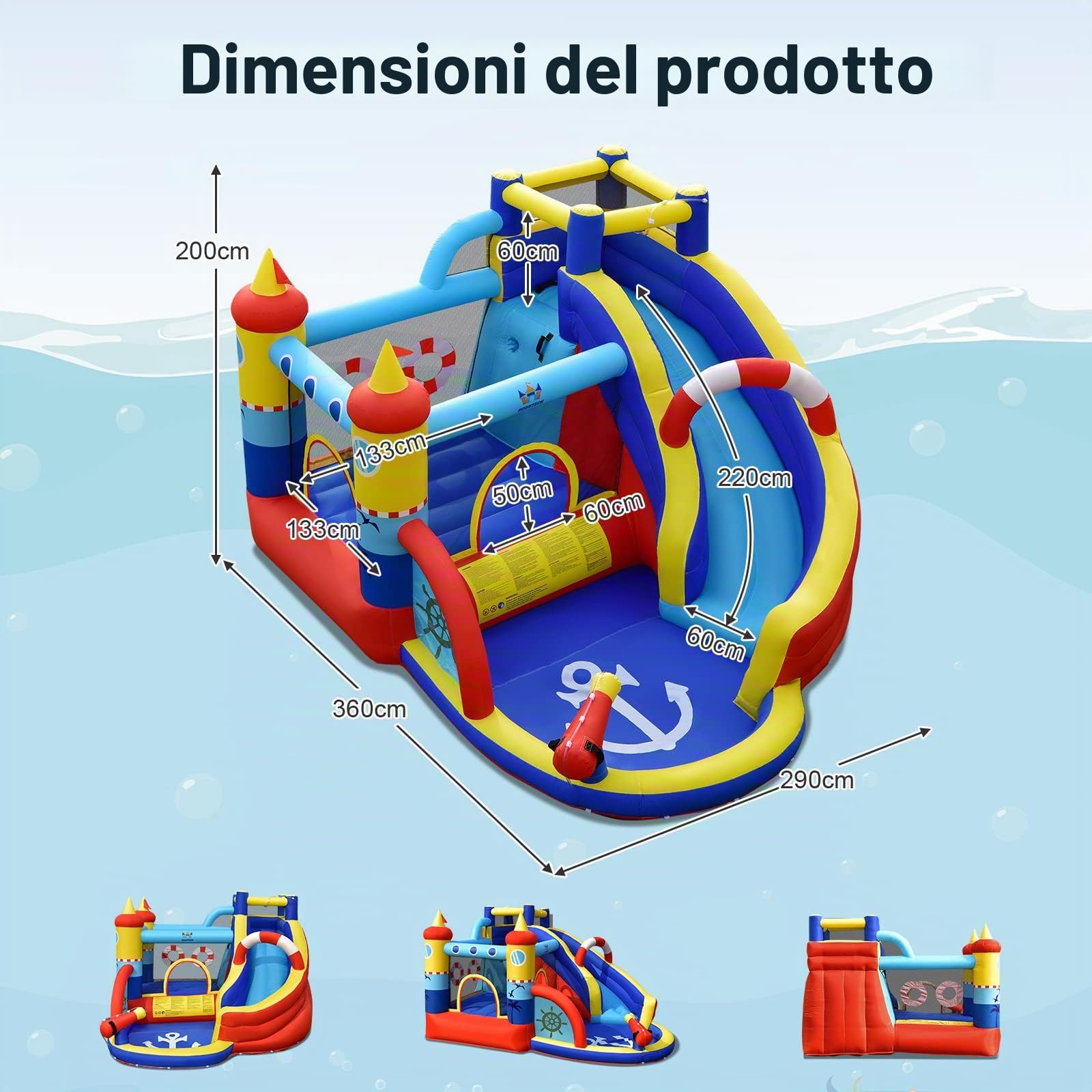COSTWAY Castello Gonfiabile per bambini, Casa Gonfiabile con Scivolo, Area per Saltare, Piscina, con Borsa di Trasporto e Kit di Riparazione, per 4 Bambini di 3-12 Anni (Senza soffiatore)