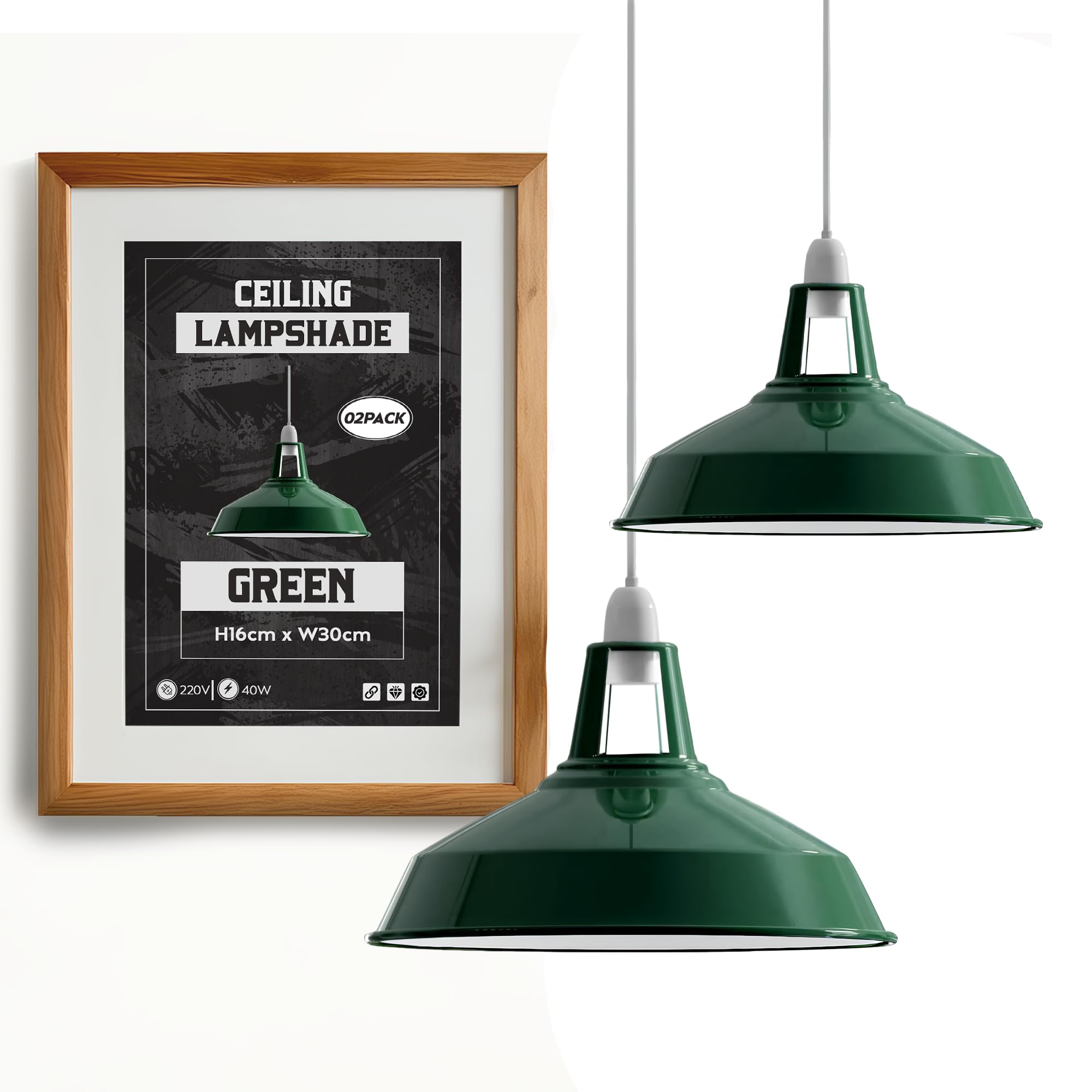 DC VOLTAGE Modern Green Metal Lamp Shades 30cm Ceiling Light Shades, Easy Fit Lampshades, for Vintage Industrial Pendant Lights Bedroom, Kitchen, Bathroom Antique Shade - 2 Pack — image 1