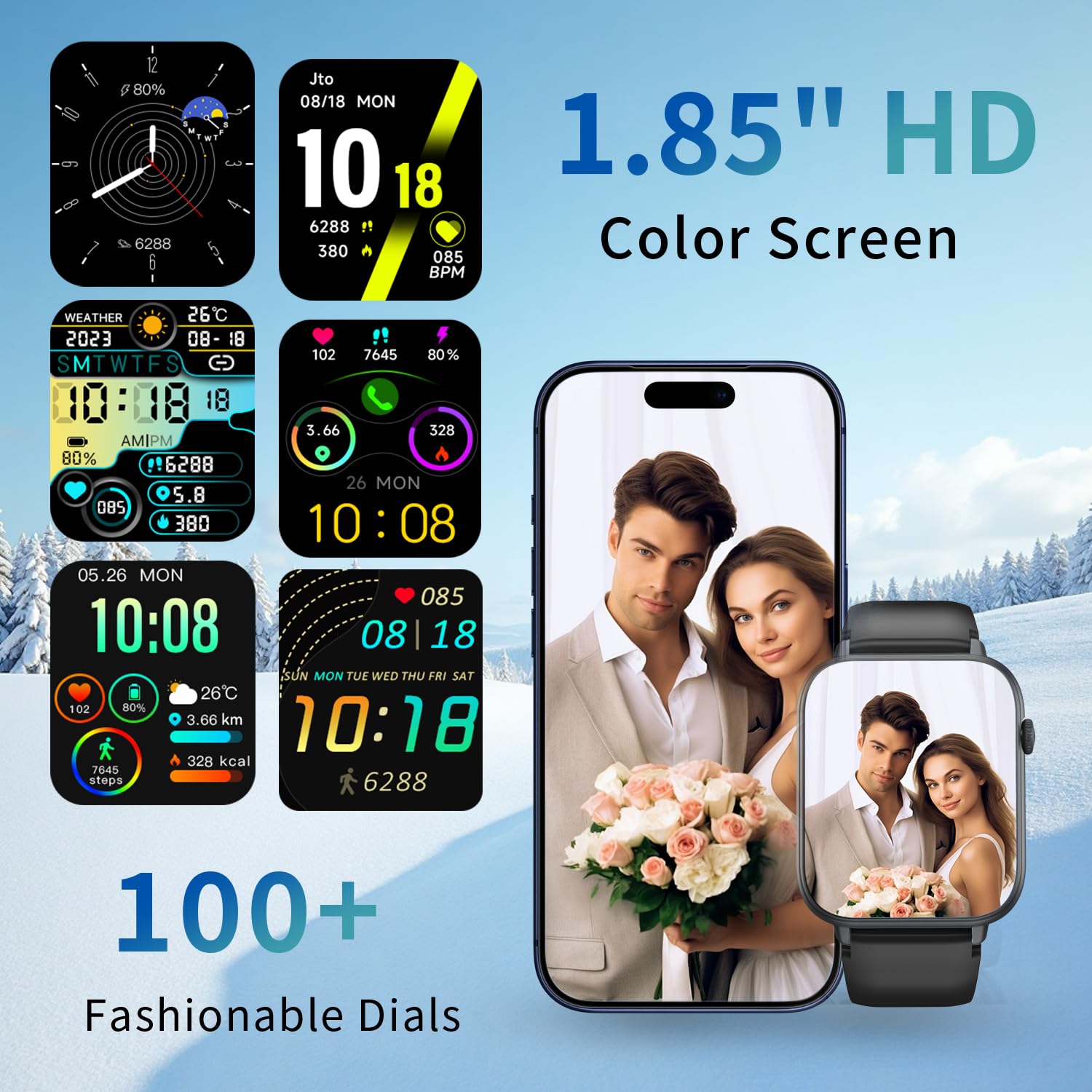 Smartwatch für Herren & Damen, 1,85" HD Touchscreen Smart Watch mit Telefonfunktion, 100+ Sportmodi Sportuhr mit Schrittzähler/Schlafmonitor/Pulsmesser für Android iOS, IP68 Wasserdicht, Schwarz