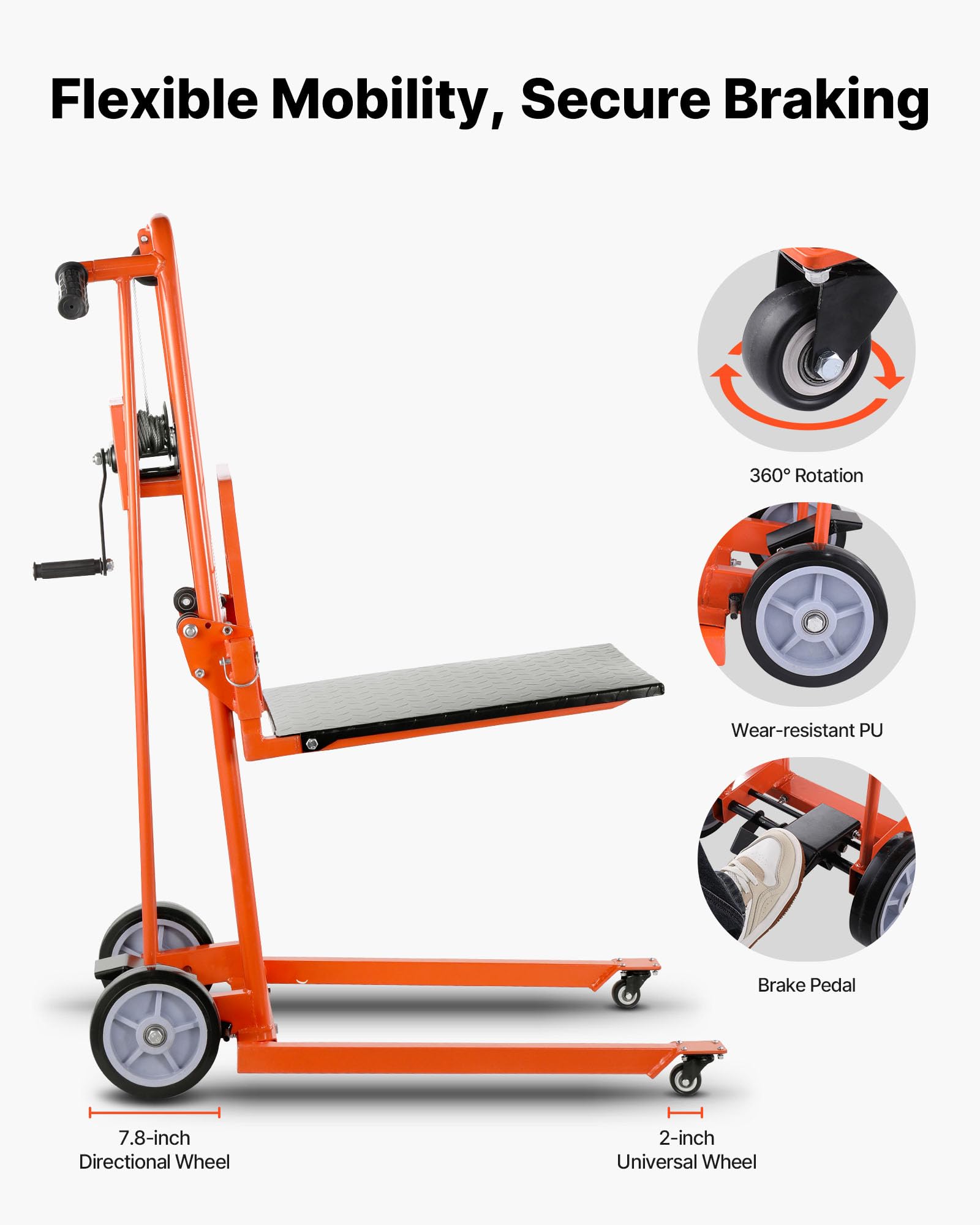 VEVOR Apilador con Cabrestante Manual de Elevación de Materiales con Ruedas Giratorias y Placa Elevadora, Plataforma Elevadora con Capacidad de 149,68 kg, Altura de Elevación Máxima de 1090 mm