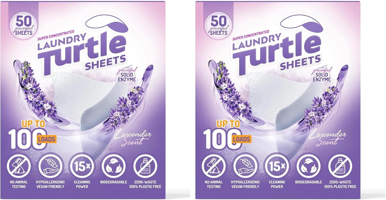 Laundry Turtle - Lavender Laundry Sheets Up to 100 Machine Loads – Strips, Travel Size, 50 Non Toxic Laundry Detergent Sheets, Fresh Scent Washing Detergent, Strong Organic Cleaning Power (Pack of 2)