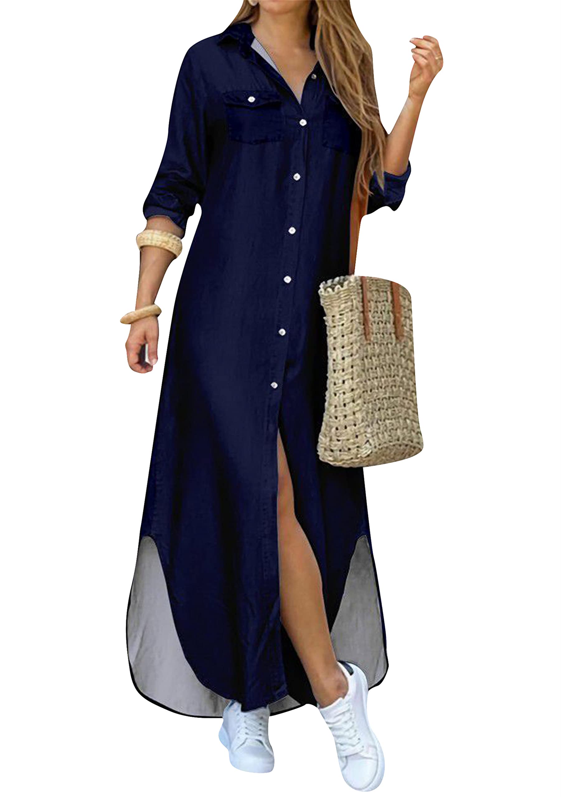 DIACACY Women's Casual Lapel Collar Floral Print Maxi Dresses Side Slit Long Sleeves Loose Slim Shirt Dresses