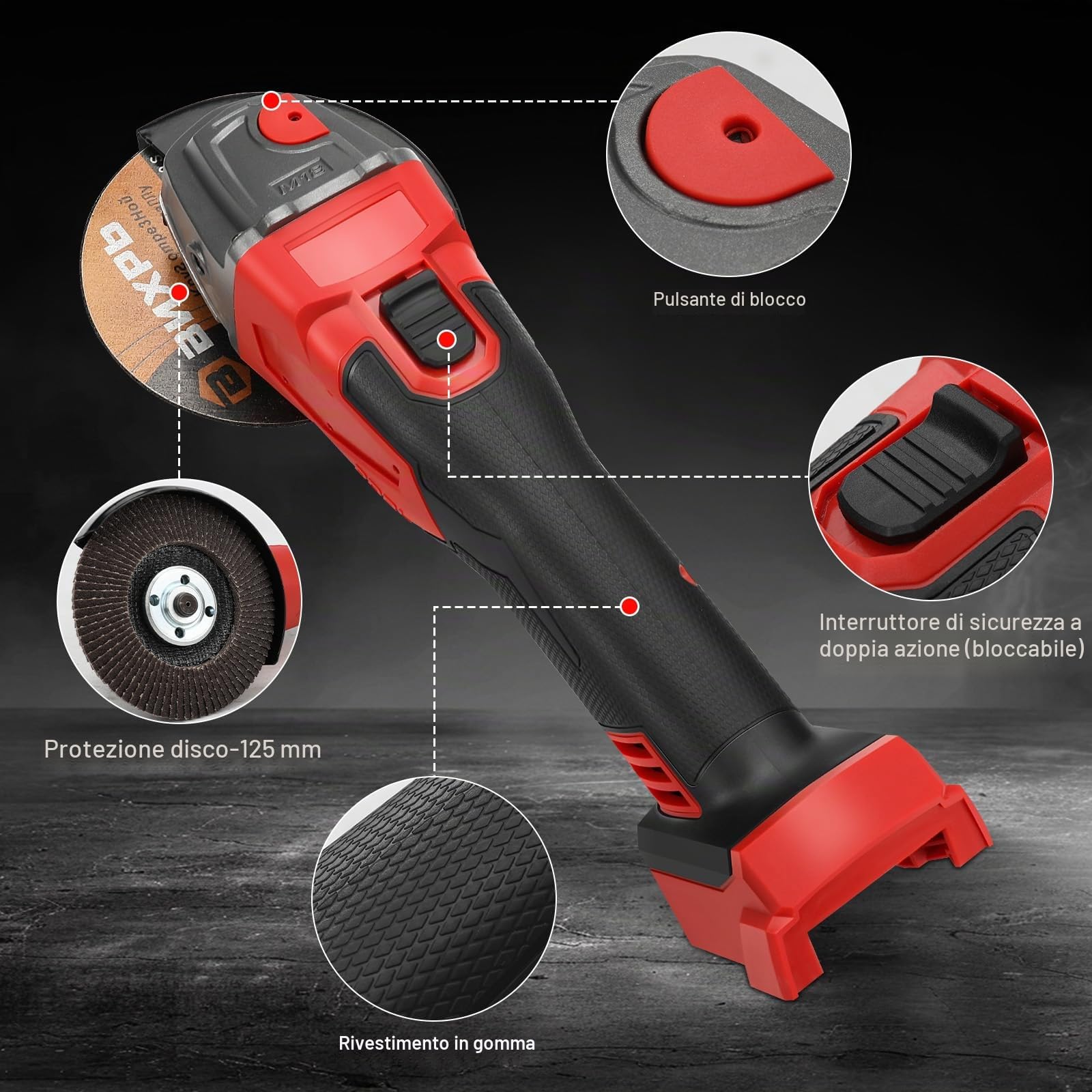 Roadtime - Smerigliatrice angolare senza fili per batteria Milwaukee 18 V, 125 mm, 12 000 giri/min, utensile smerigliatore senza spazzole con albero M14 a 5/8"-11, per taglio, smerigliatura