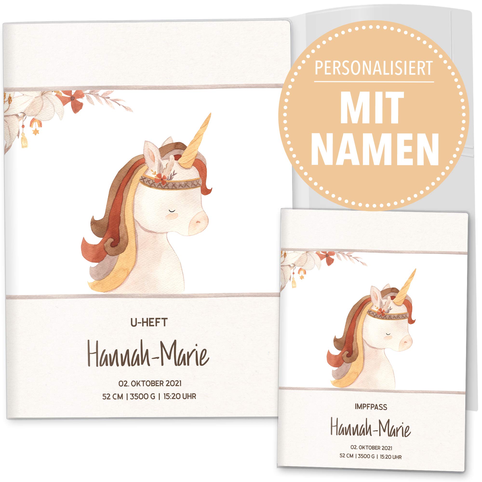 OLGS U-Heft und Impfpasshüllen Set 3-teilig Indianer Freunde Einhorn | Untersuchungsheft & Impfpasshülle, Schutzhüllen, Babygeschenk zur Geburt mit Namen - Impfpass, Uhefthülle personalisiert