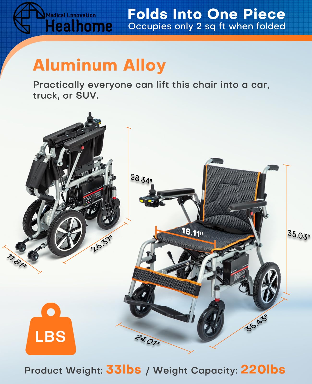 Healhome Foldable Electric Wheelchairs for Adults, Only 33 Pounds - Lightweight Motorized Wheelchair, 360W Brushless Motors, One-Click Mute Function, SOS Alert Button, 10 mi Cruise Range