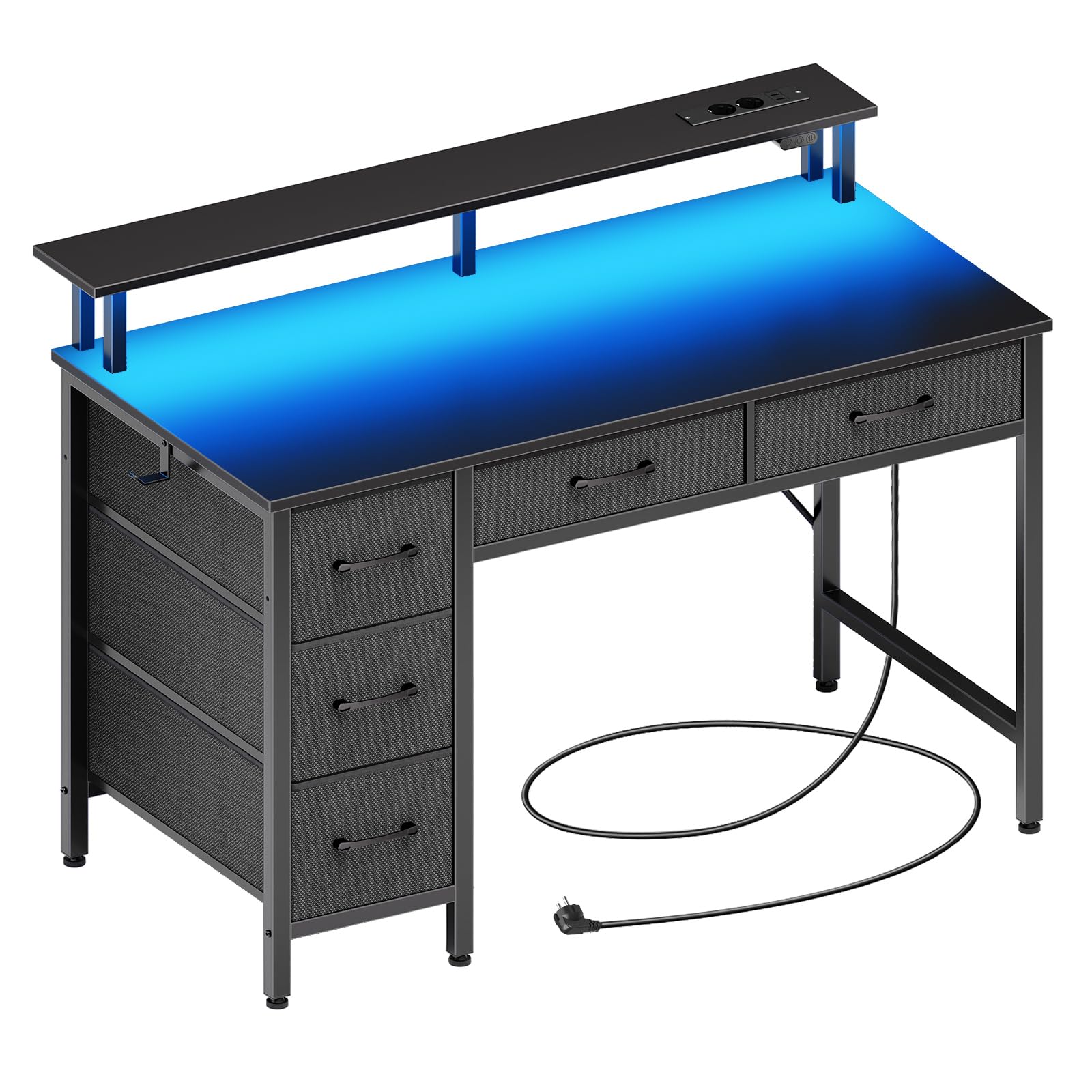 Seventable Bureau Gaming 100 cm avec LED RGB, Prises & Ports USB, Support Écran — Bureau avec Rangement et 5 Tiroirs en Tissu, Bureau Informatique pour Chambre ou Télétravail – Noir