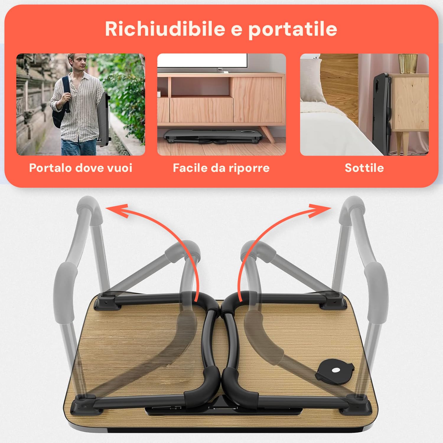 Avilia Tavolino da Letto Pieghevole 60×40 cm – Vassoio da Letto con Leggio Tablet e Porta Bicchiere, Scrivania Portatile Laptop per Smart Working, Colazione a Letto e Divano, Salvaspazio