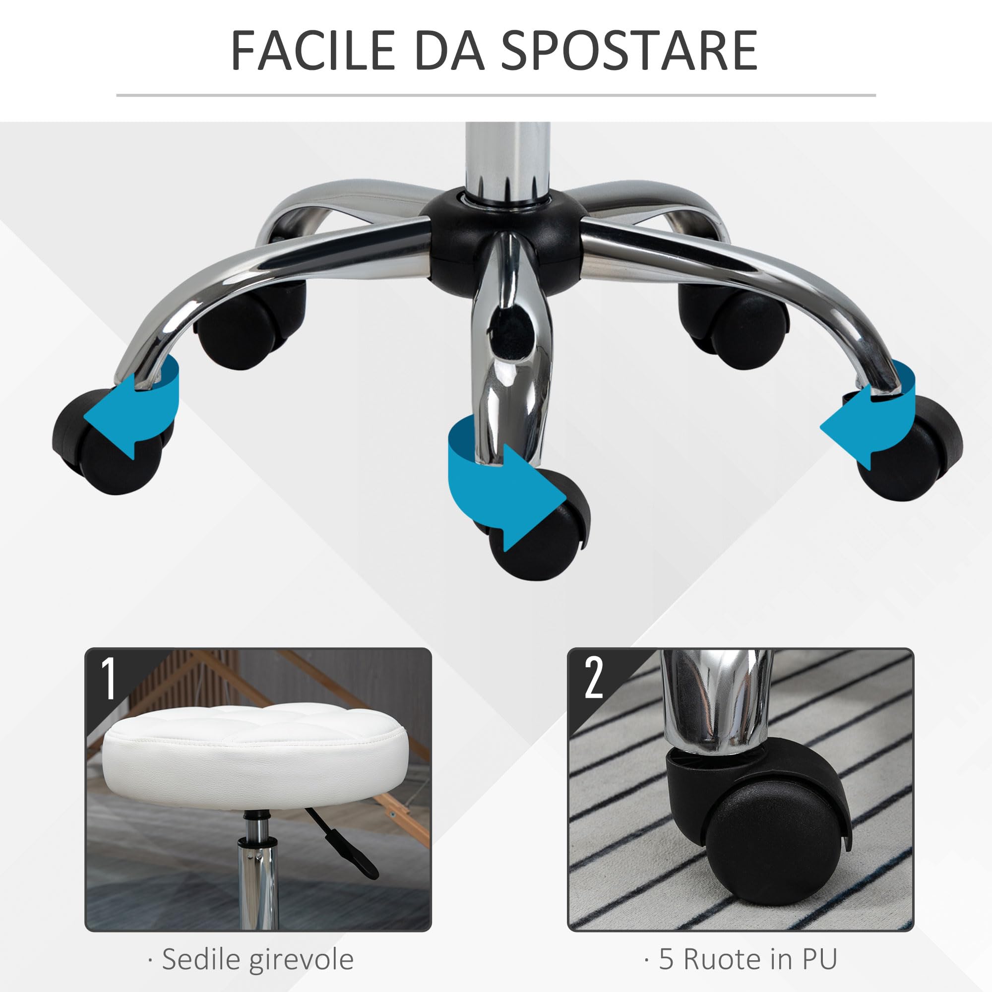HOMCOM Sgabello Girevole con Ruote Rotondo, Sgabello per Parrucchiere ed Estetista con Altezza Regolabile, Imbottito in Finta Pelle, Bianco